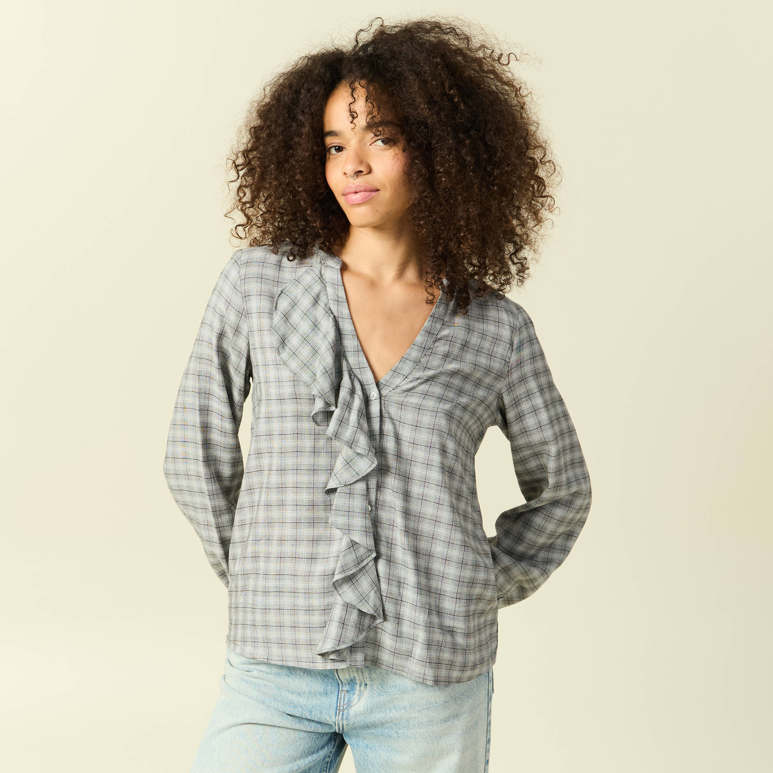 Chemise droite courte manches longues gris fonc&eacute; femme