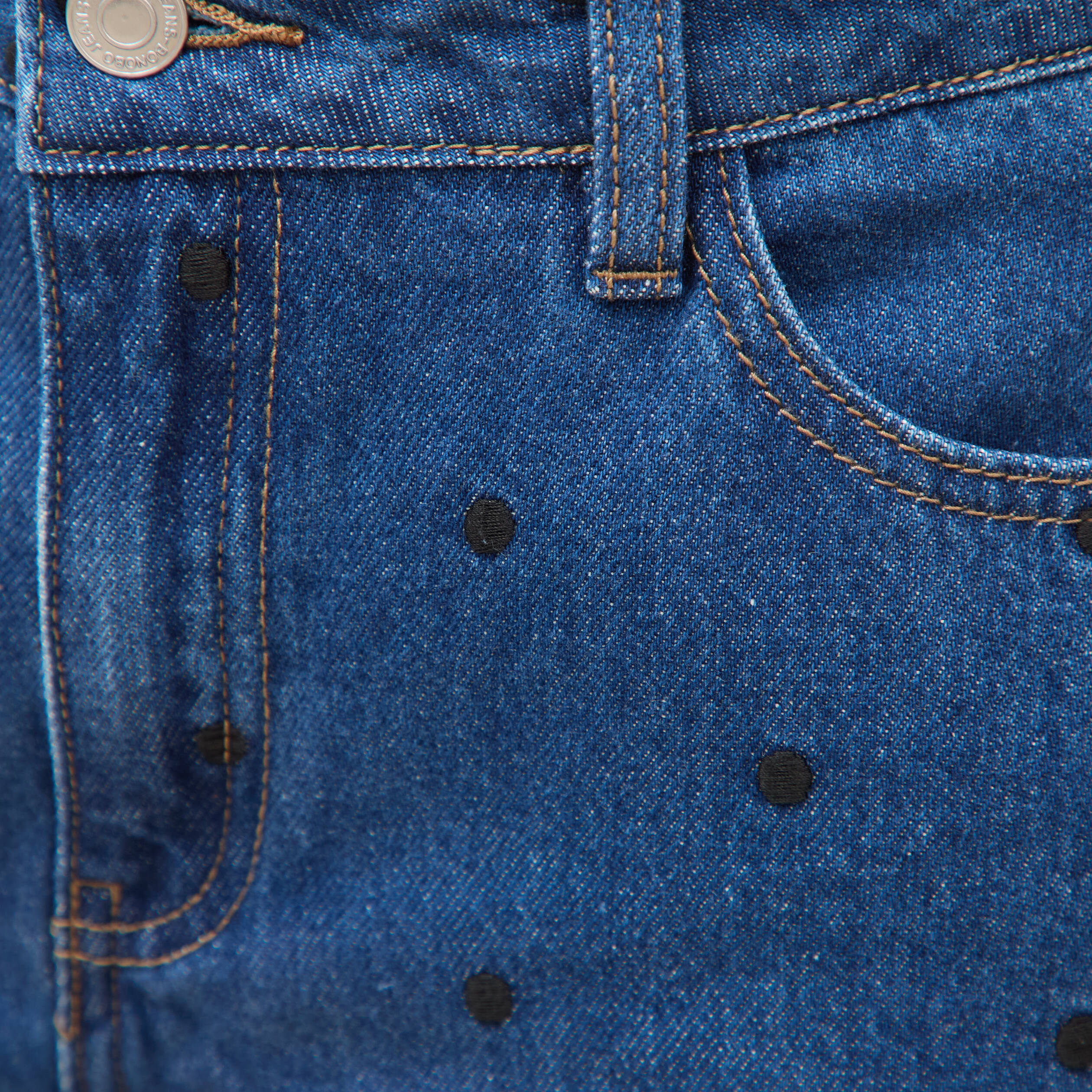 Jeans straight taille haute broderie bleu clair femme