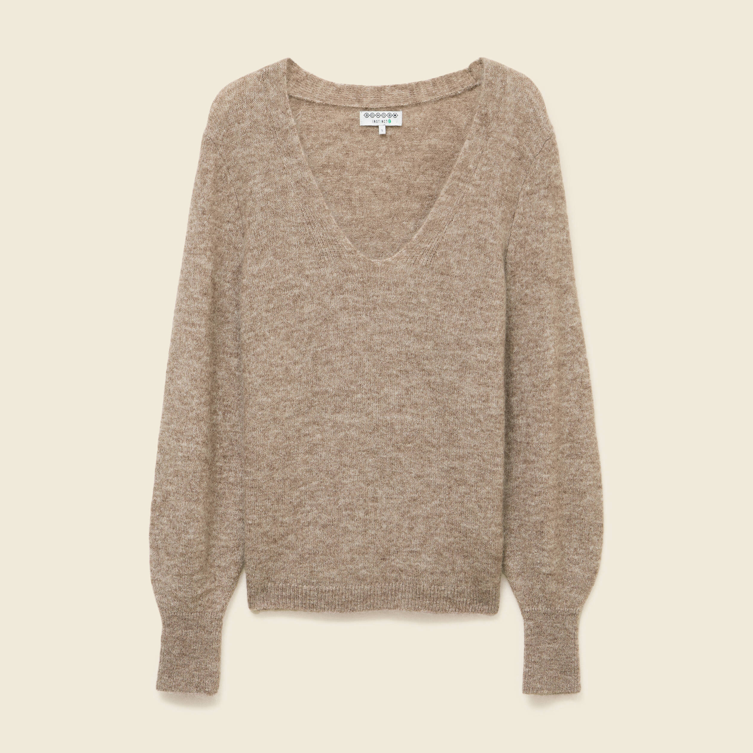 Pull col V manches longues marron clair femme
