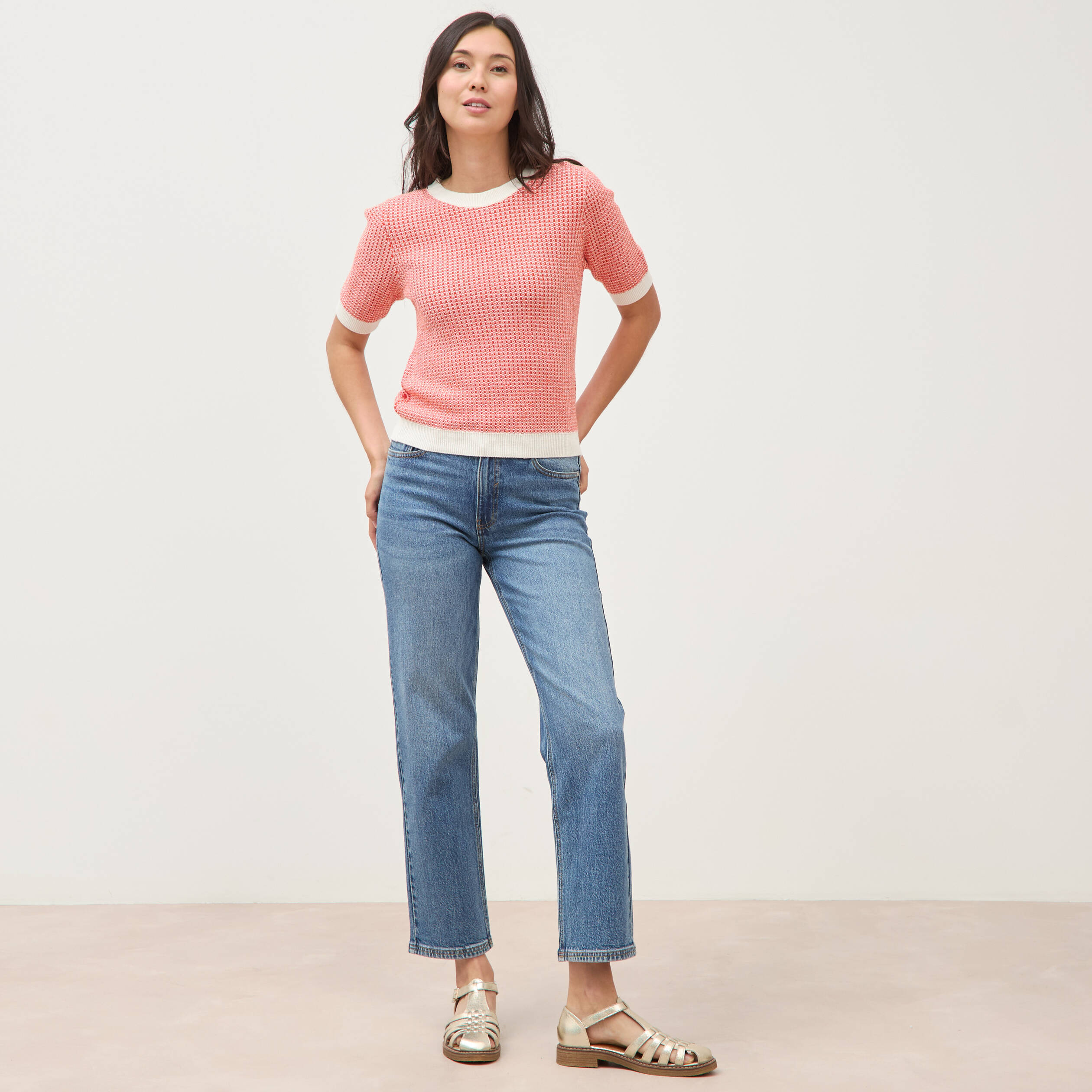 Pull droit court manches courtes orange fonc&eacute; femme