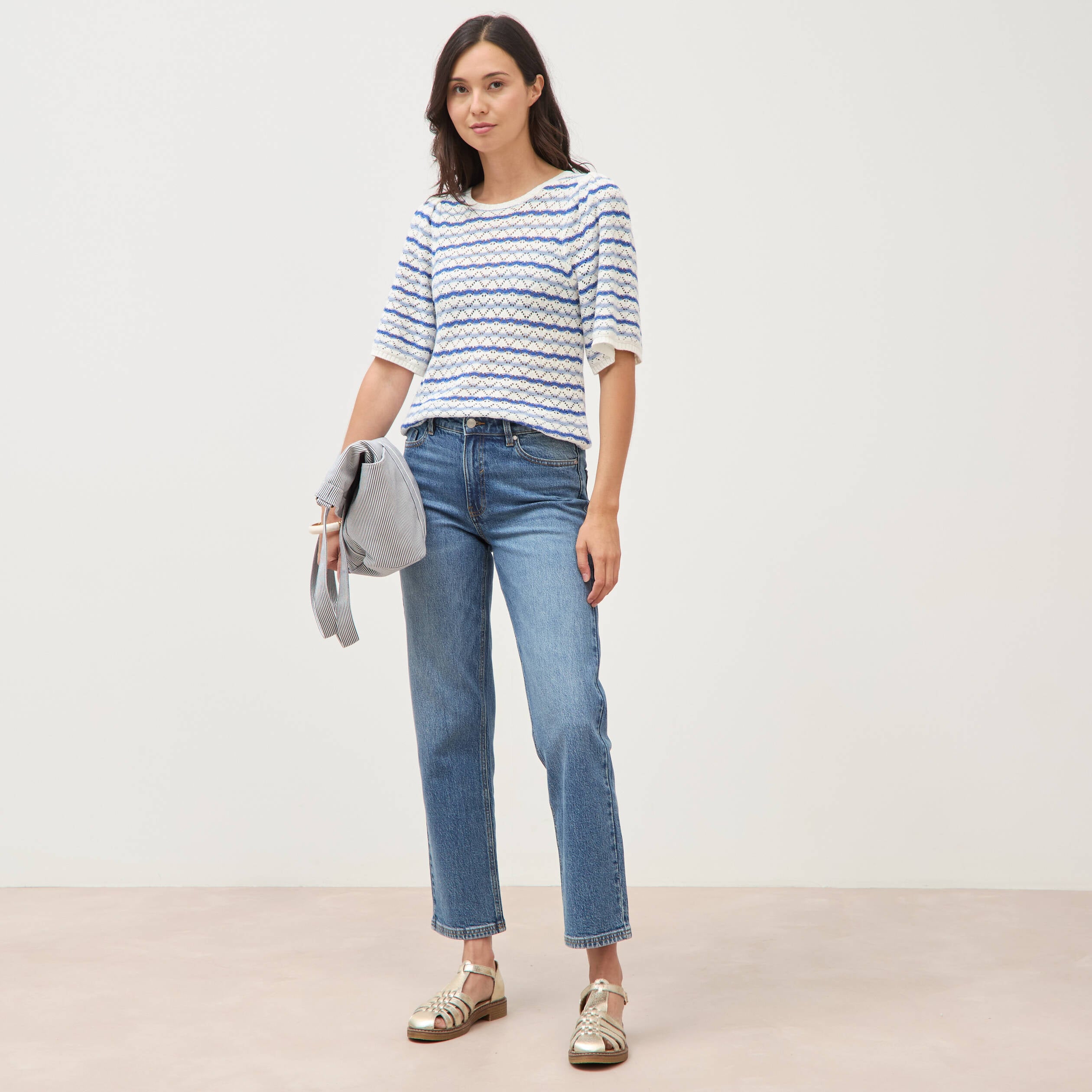 Pull col bateau manches courtes bleu femme