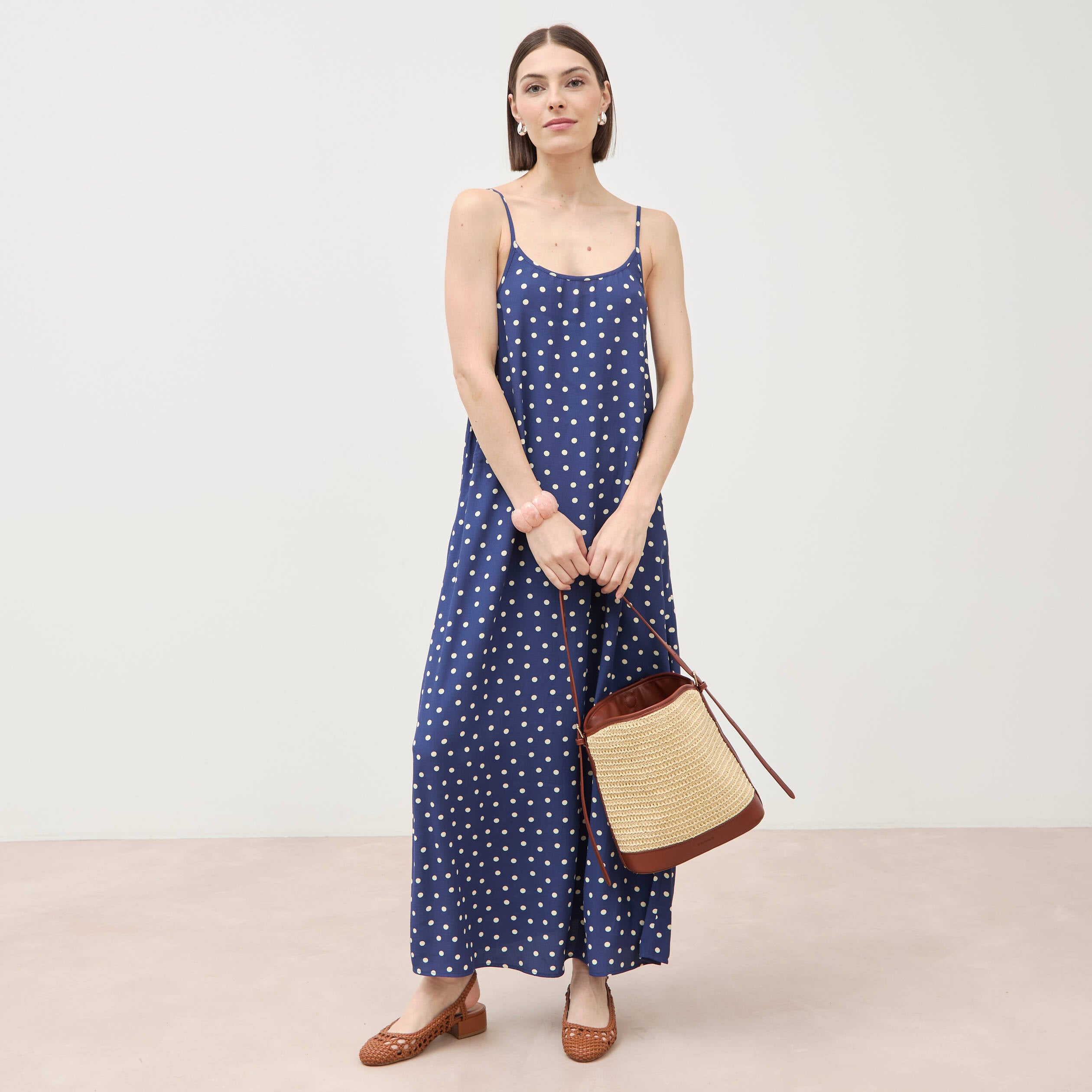 Robe longue fines bretelles col rond bleu marine femme
