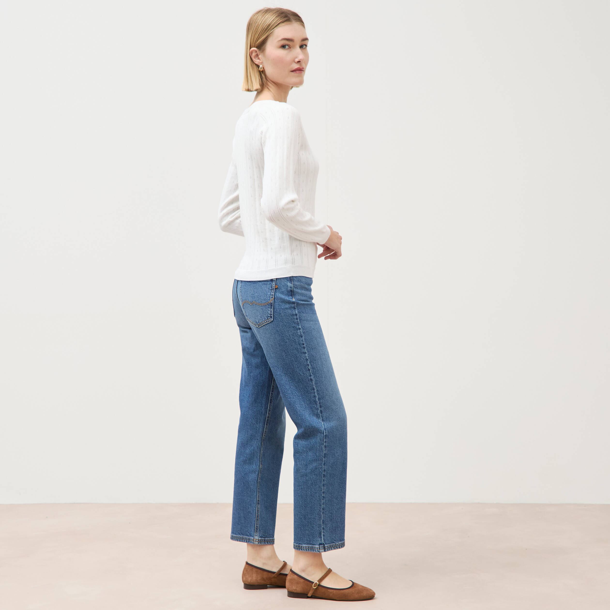 Pull col rond manches longues blanc femme