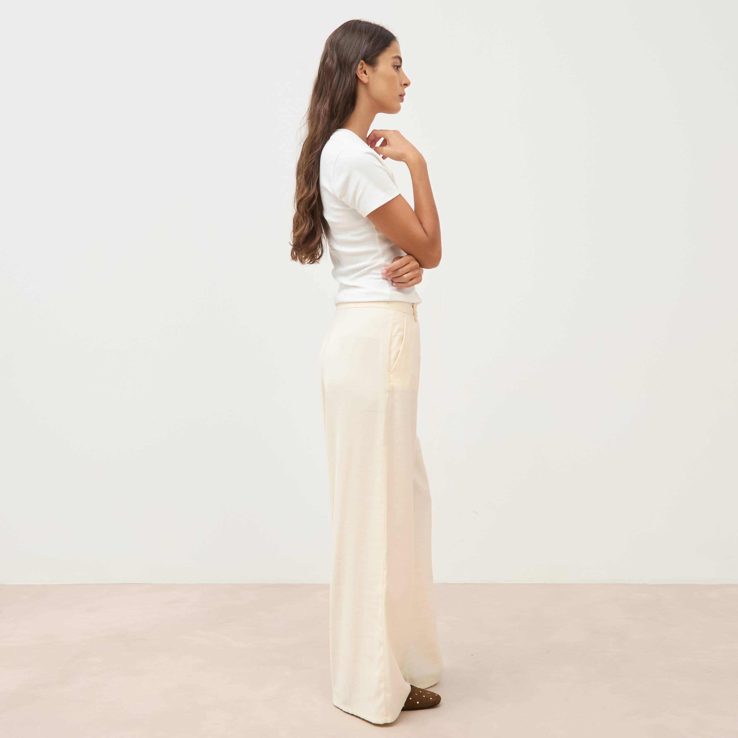 Pantalon large taille haute ceinture ivoire femme