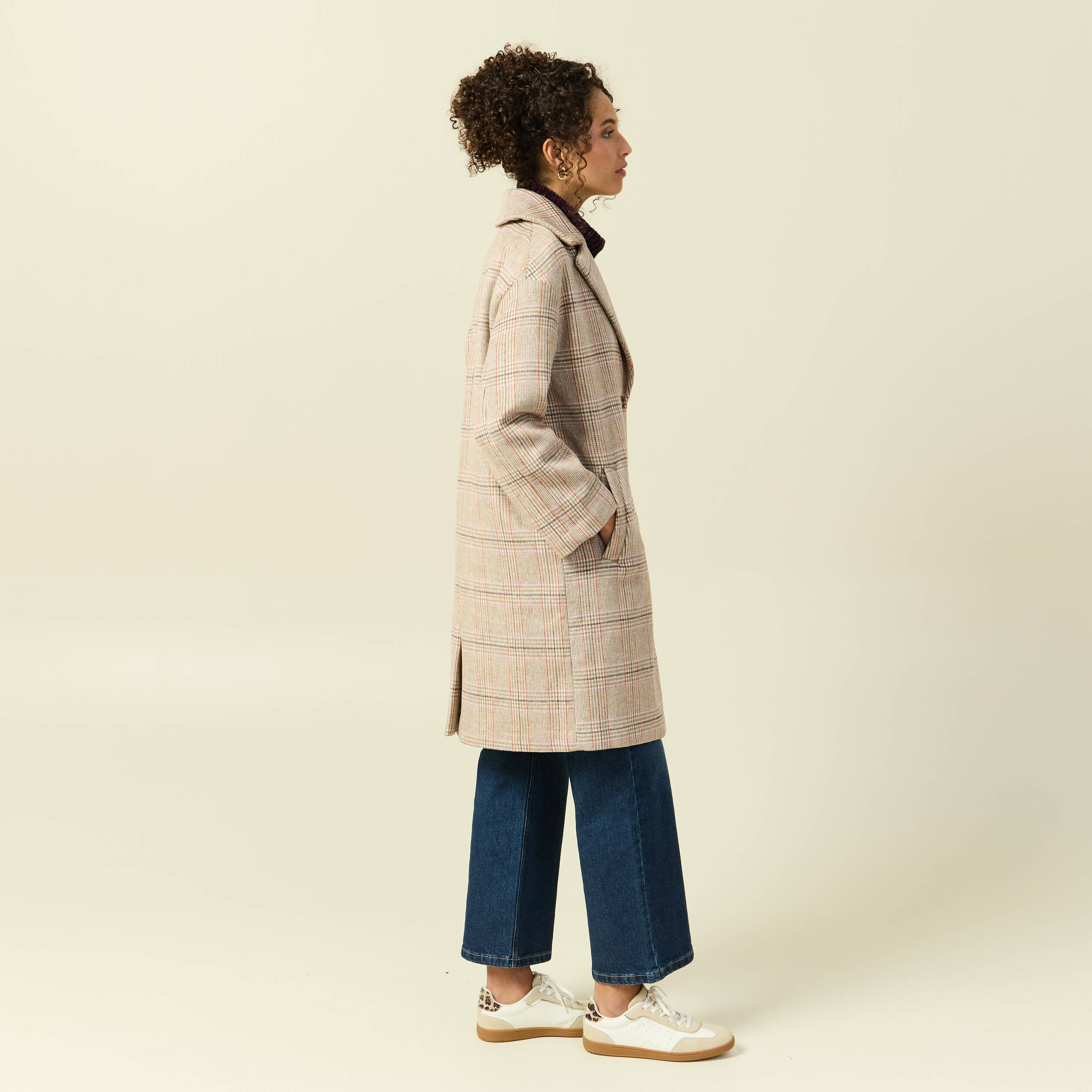 Manteau droit long col tailleur rouge clair femme