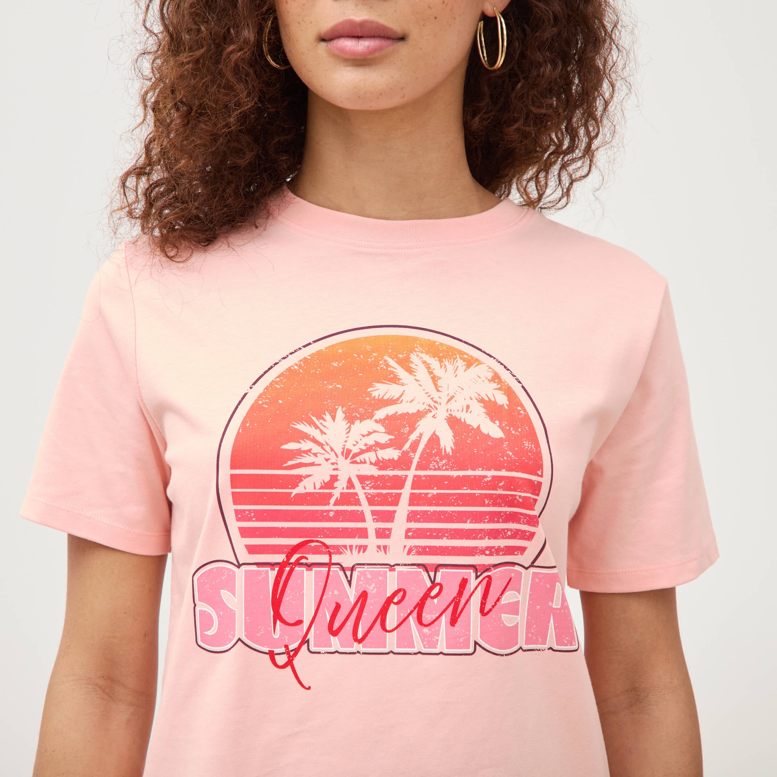 T-shirt droit col rond manches courtes rose saumon femme