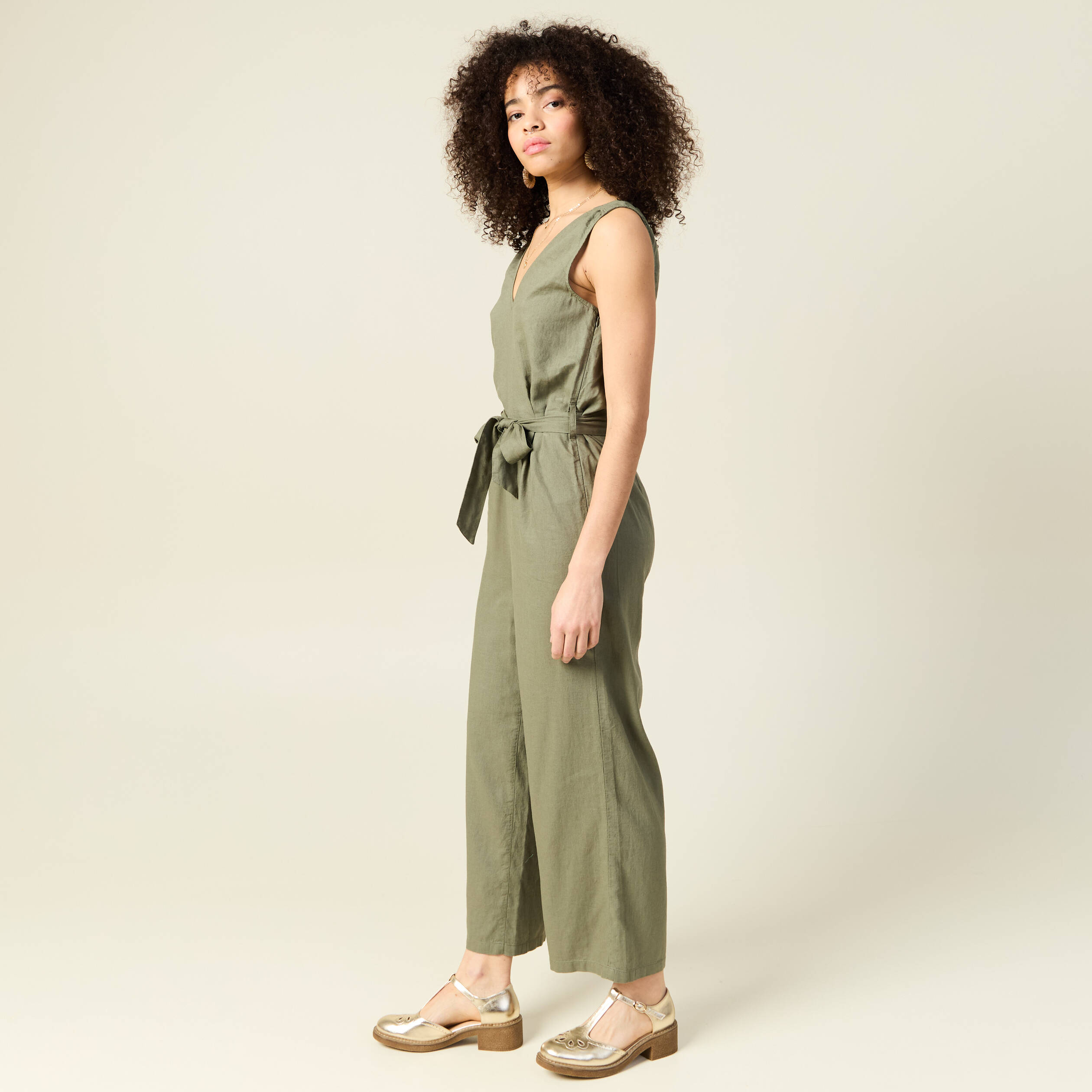 Combinaison salopette fines bretelles vert kaki femme