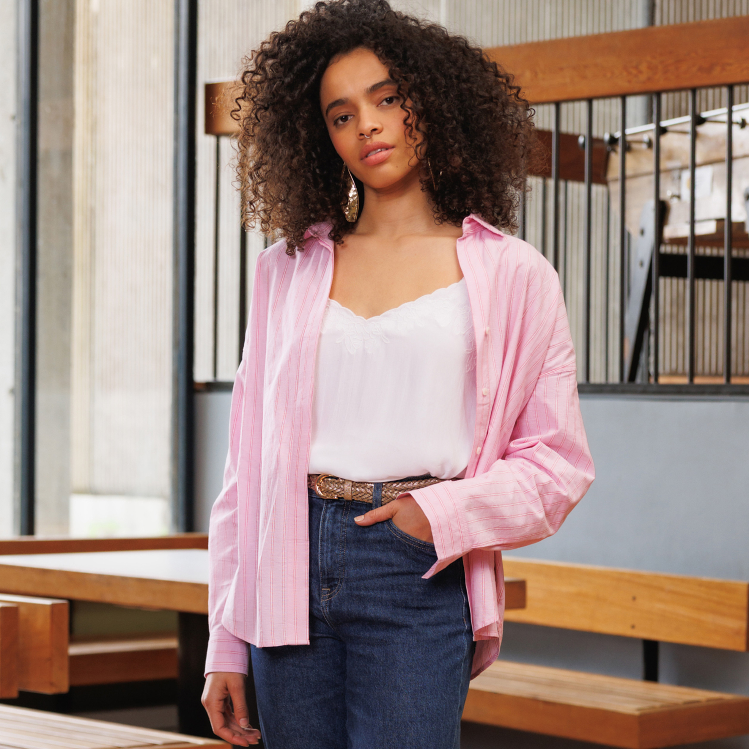 Chemise manches longues rose femme