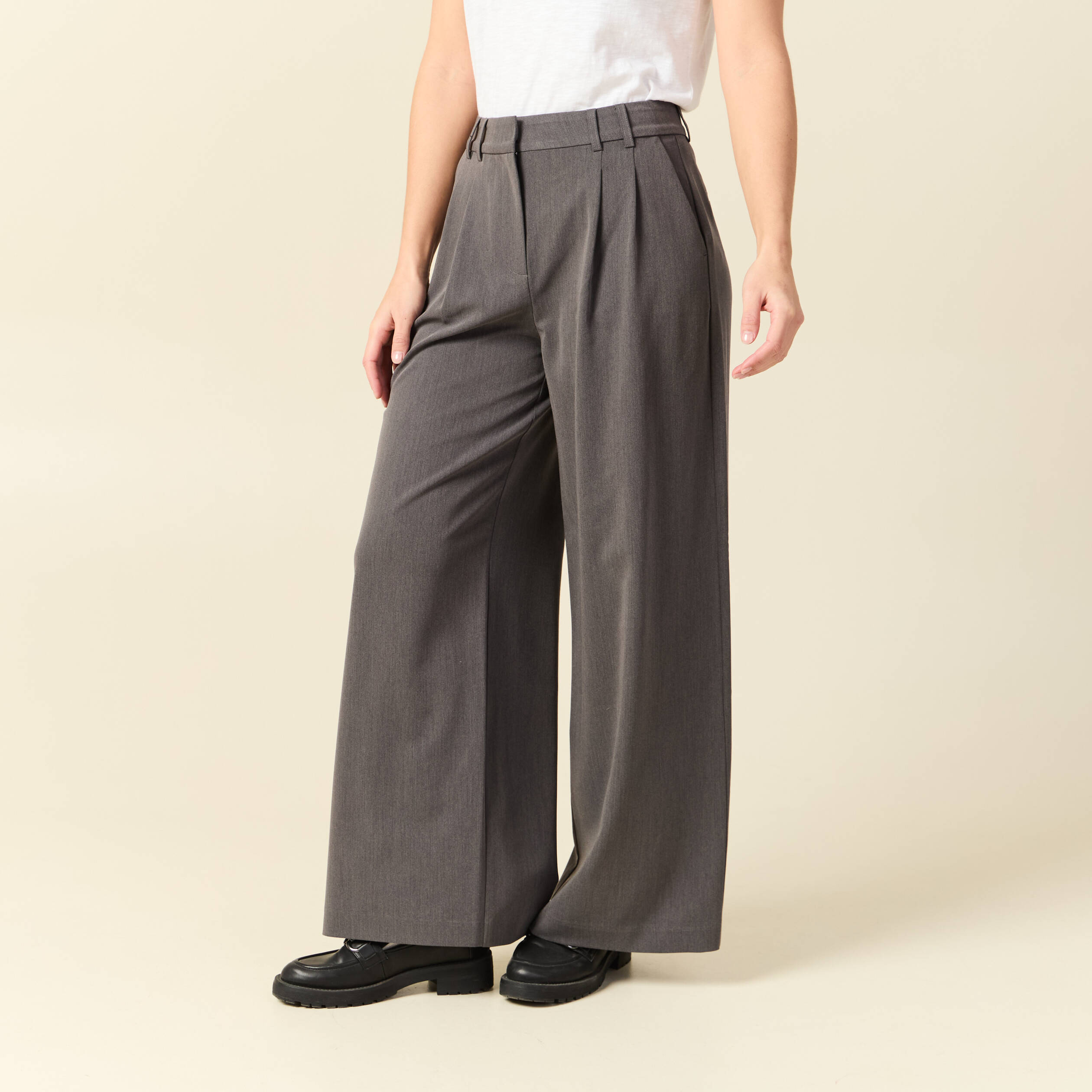Pantalon large taille haute fluide gris femme