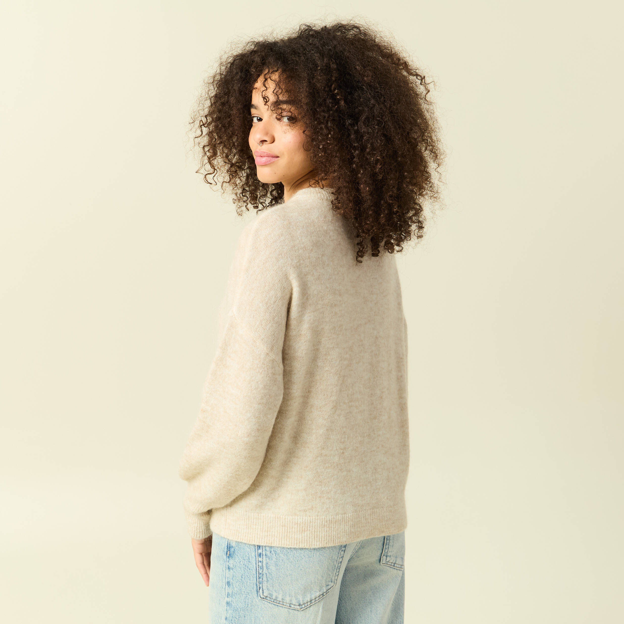 Pull col rond manches longues beige femme