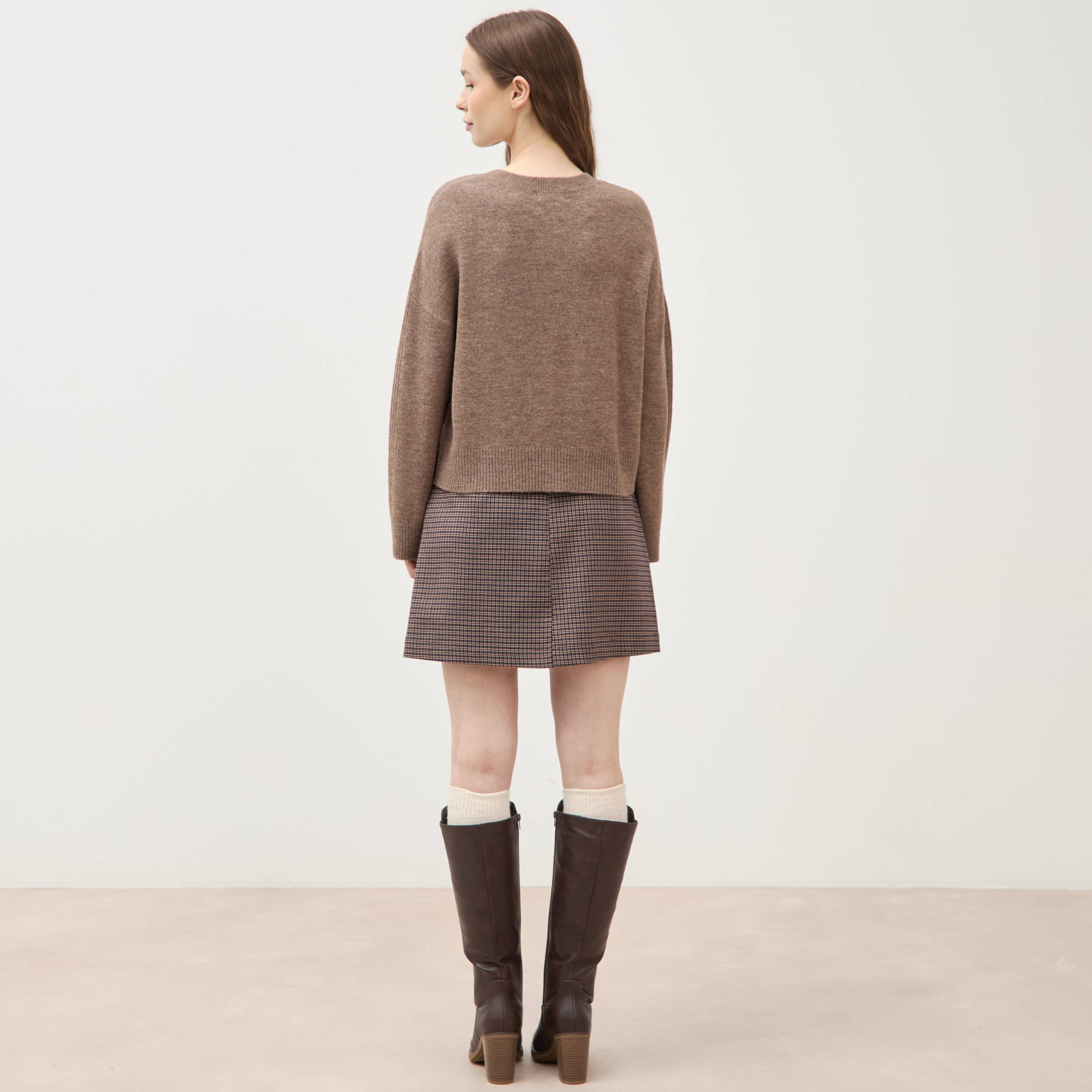 Pull col rond manches longues marron femme