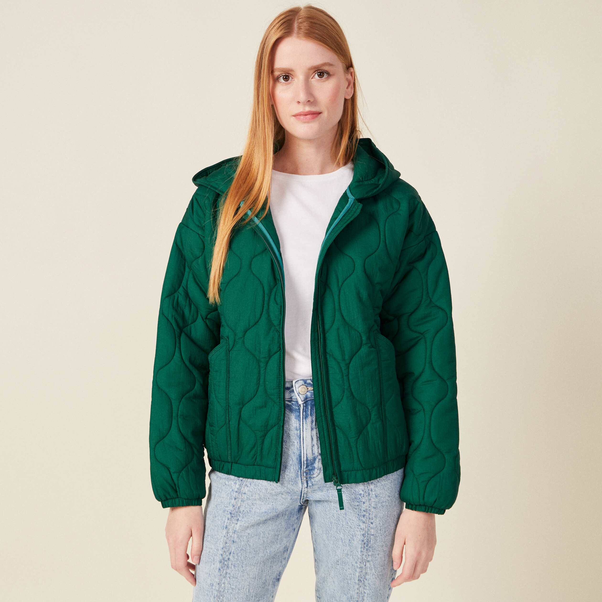 Doudoune droite à capuche vert femme