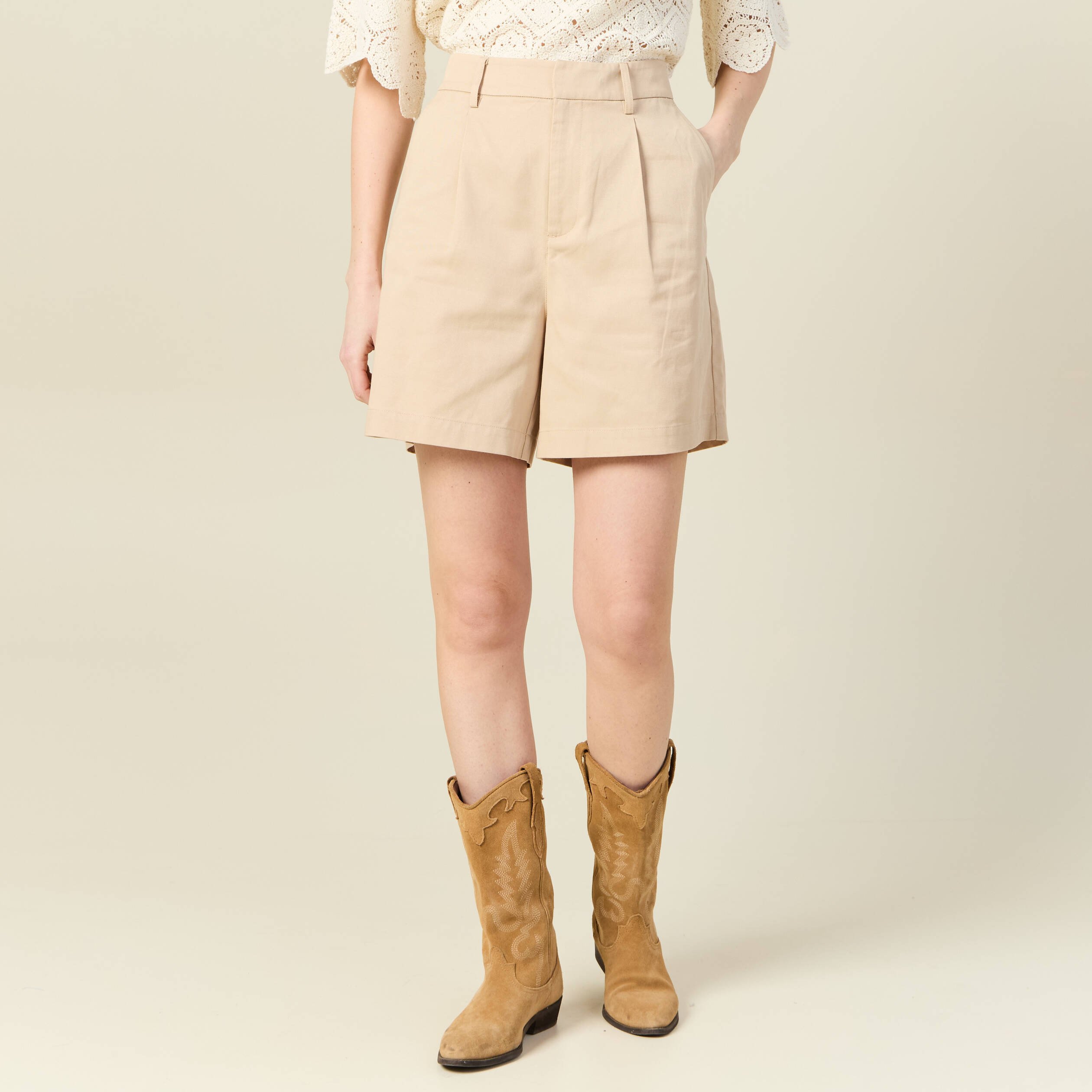bermuda droit taille haute beige femme Bermuda droit taille haute beige femme