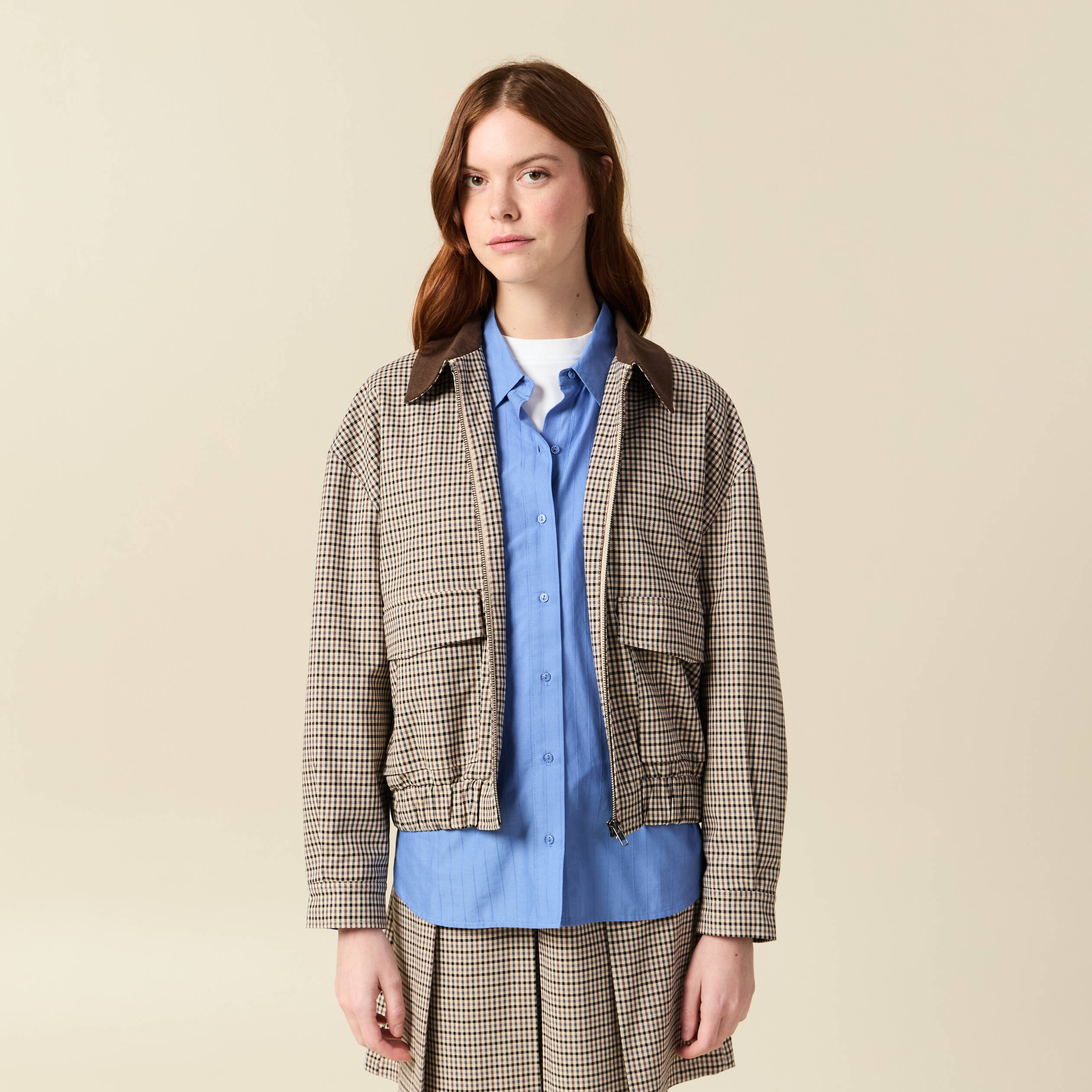 Blouson oversize manches longues doubl&eacute; marron femme