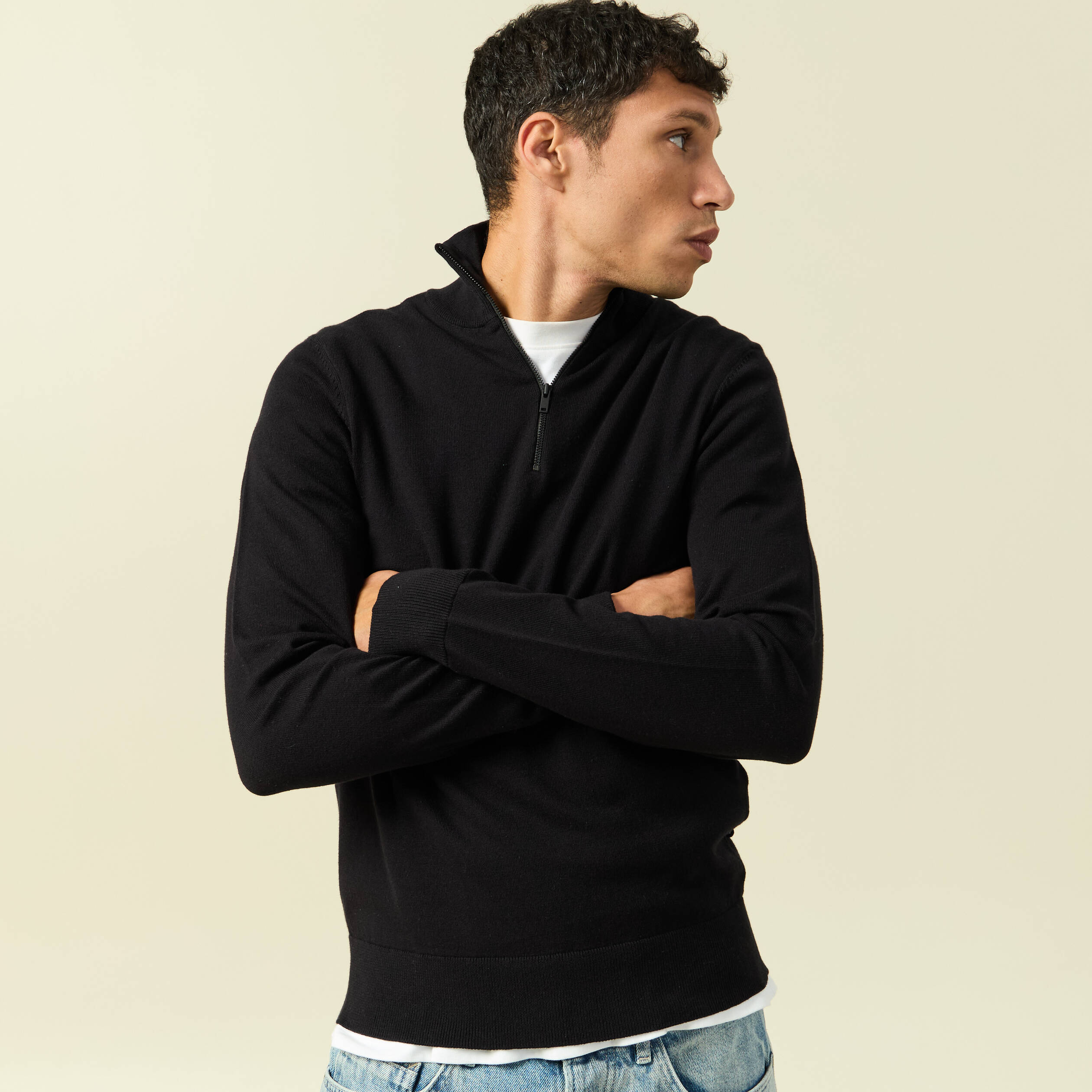 Pull fin col camionneur manches longues noir homme