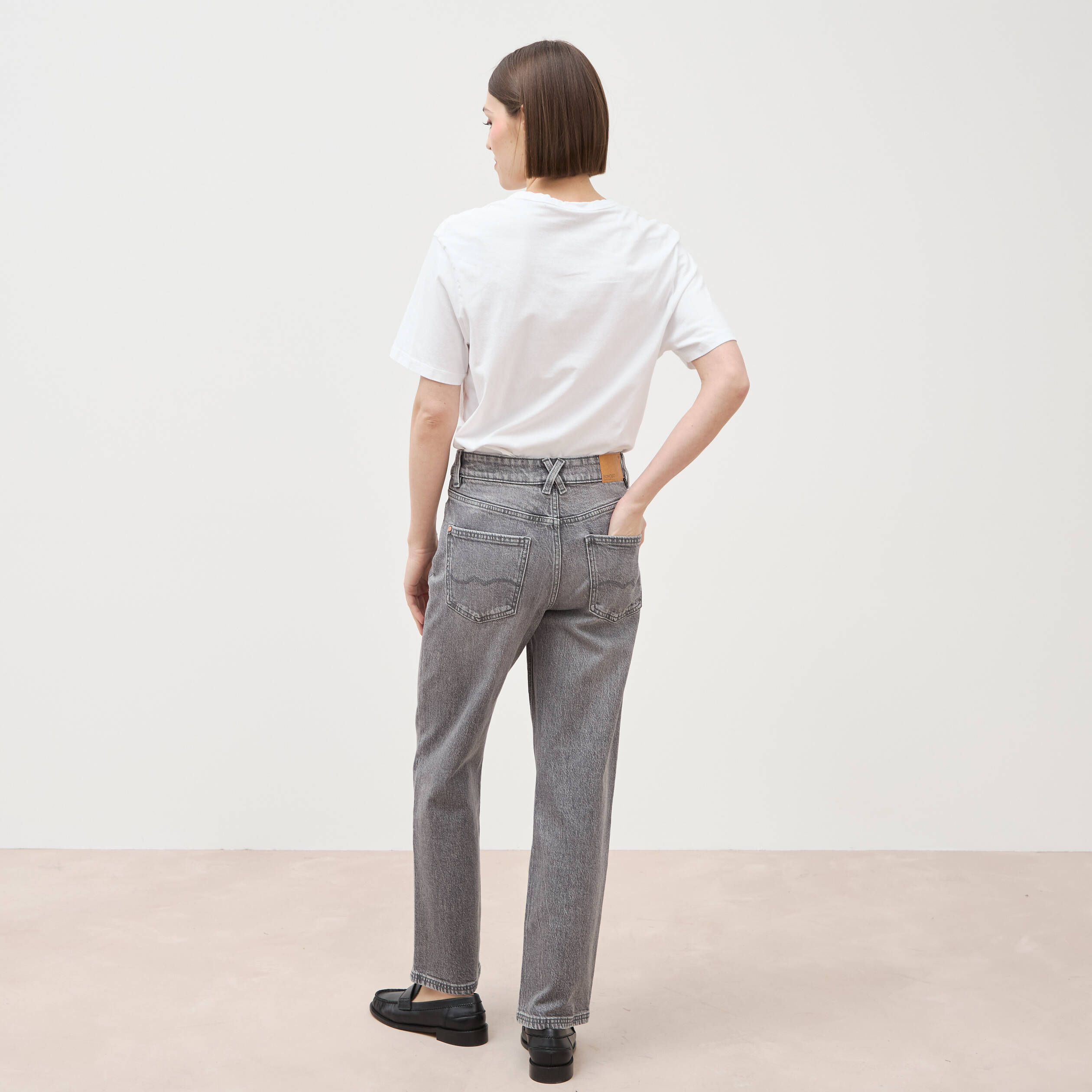 Jeans straight 7/8&egrave;me taille haute denim gris femme