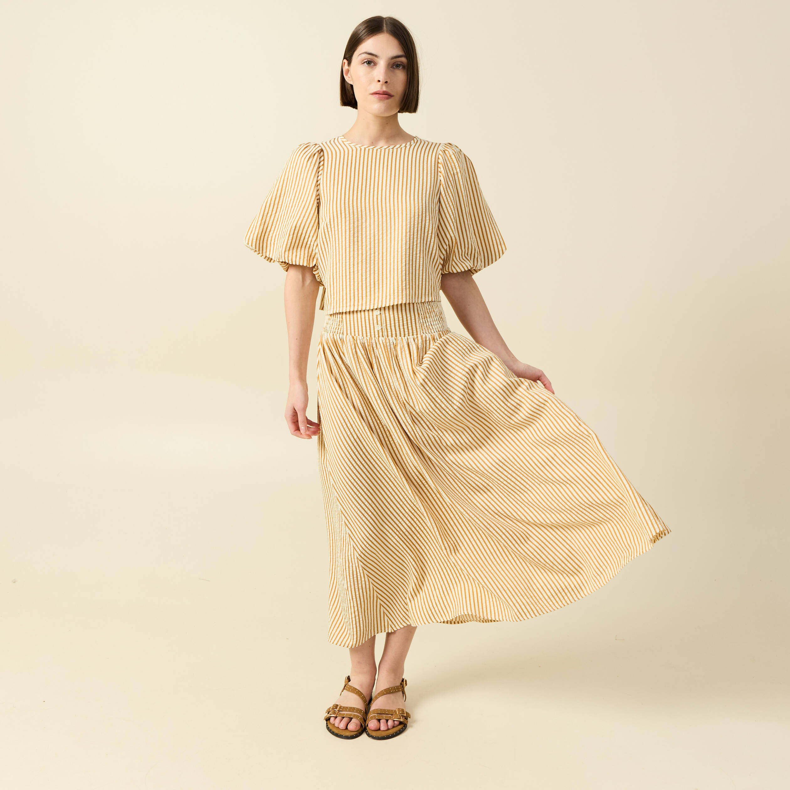 Jupe longue &eacute;vas&eacute;e taille haute beige moyen femme