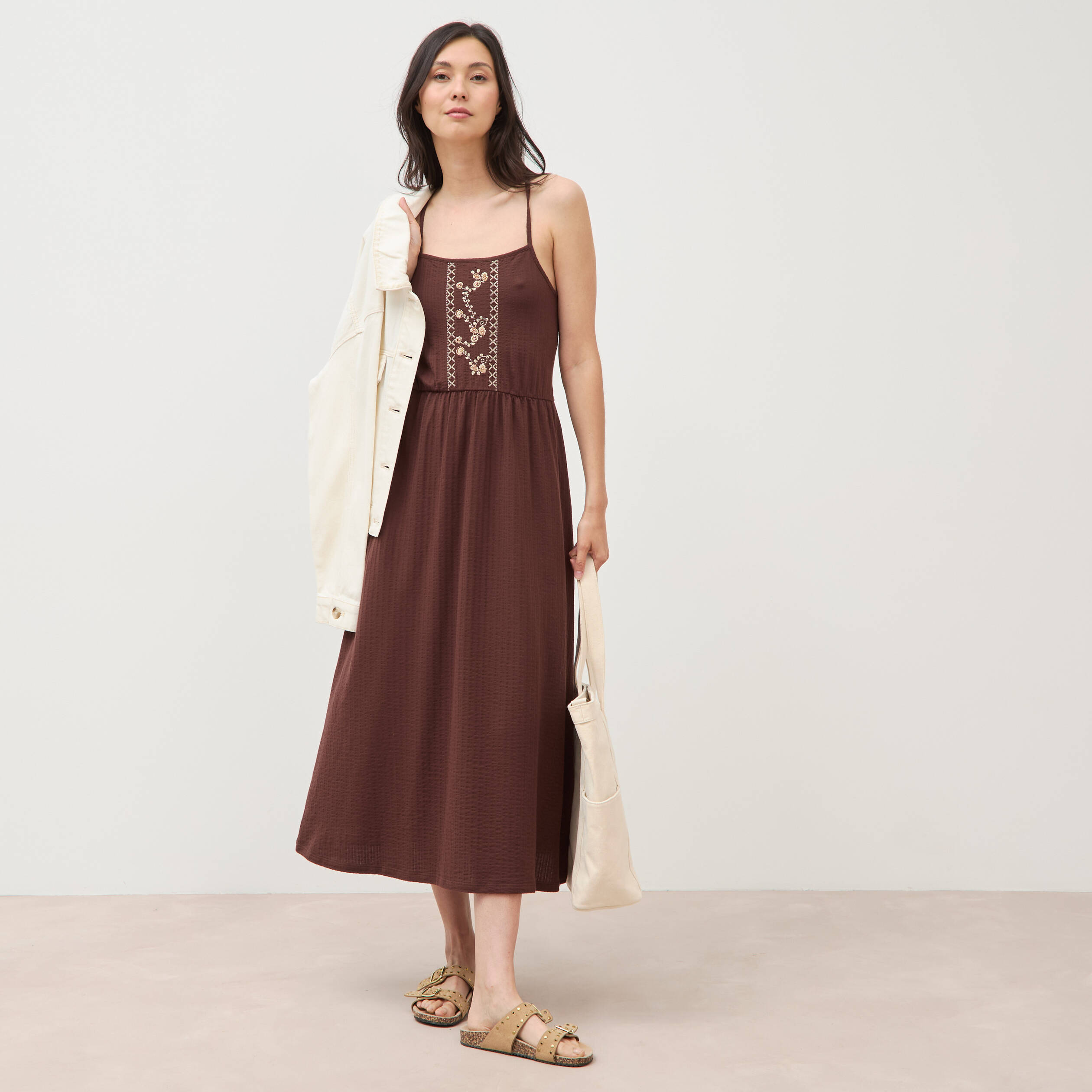 Robe bretelle col carr&eacute; en coton marron fonc&eacute; femme
