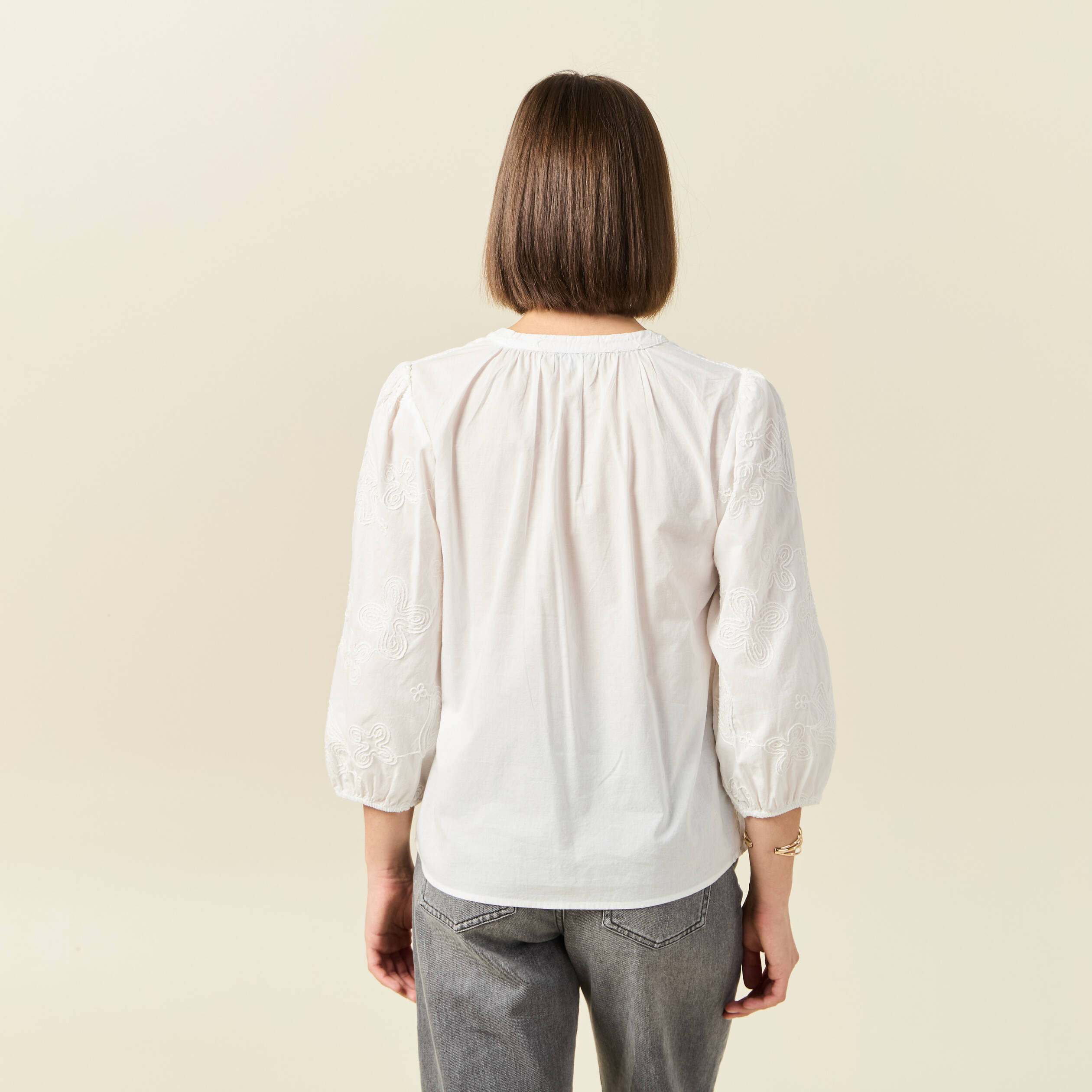 chemise manches 34 brodee ecru femme Chemise manches 3/4 brodée ecru femme