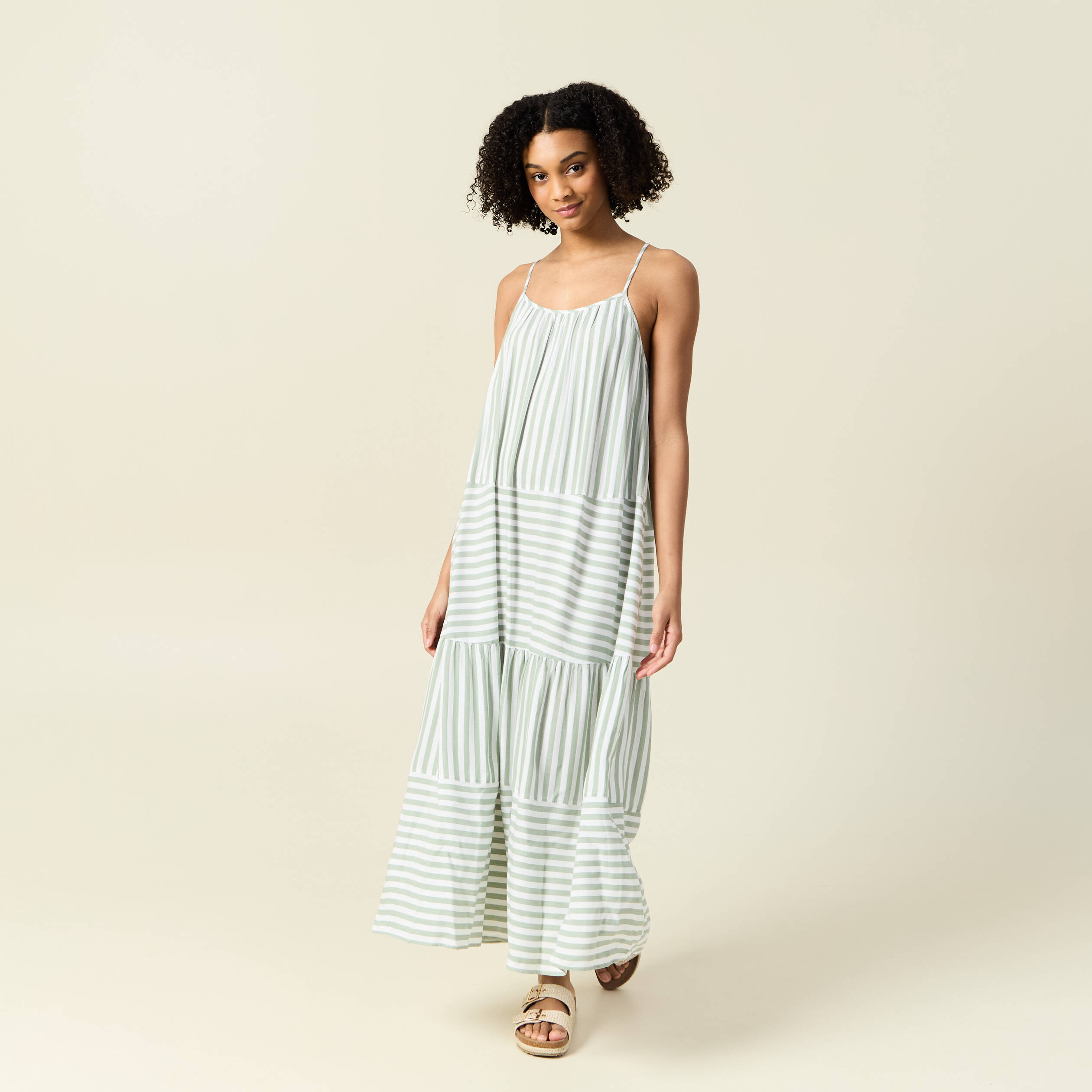 Robe longue droite bretelles vert olive femme