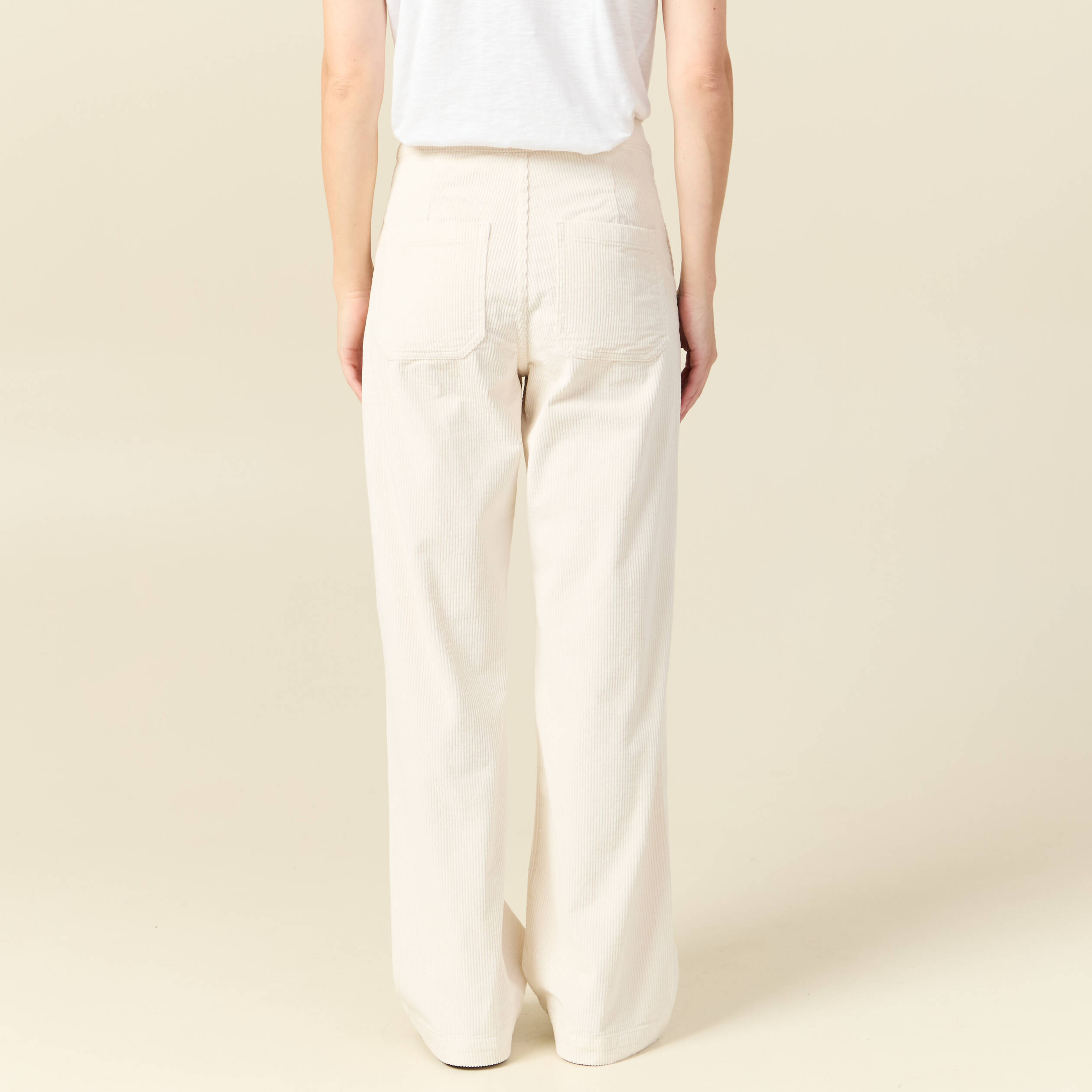 Pantalon large taille haute en velours ivoire femme
