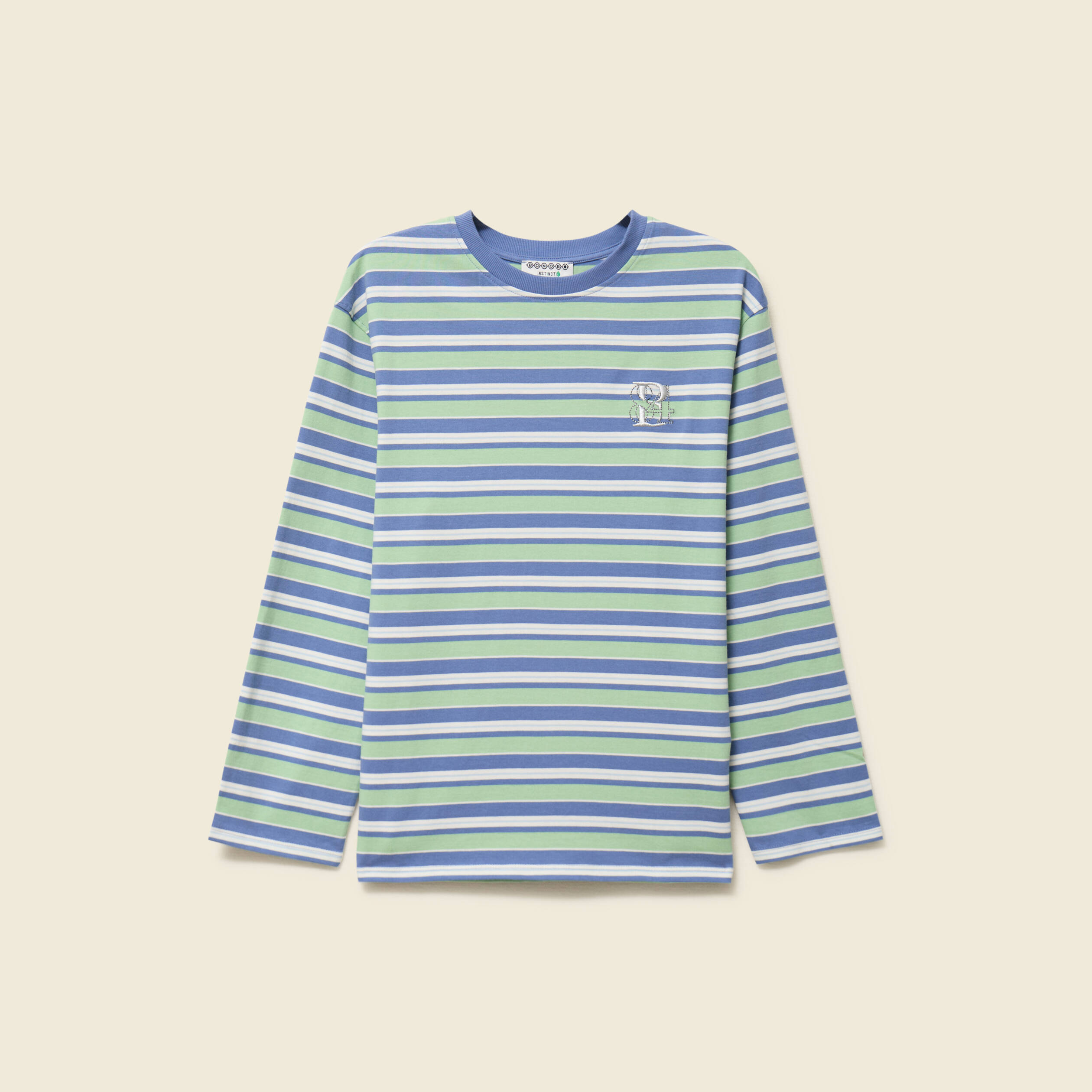 T-shirt ray&eacute; col rond manches longues vert menthe femme