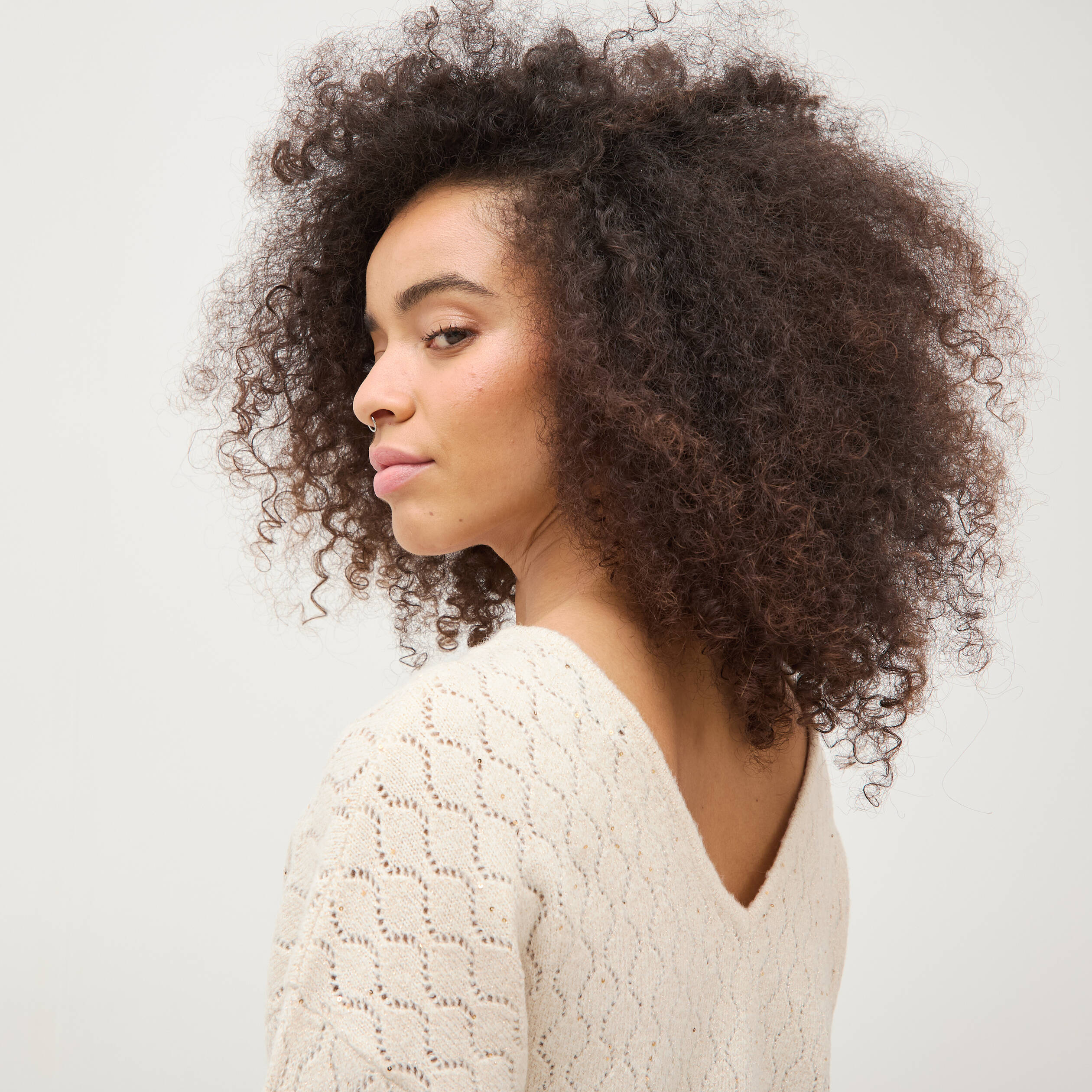 Pull oversize col v manches longues creme femme