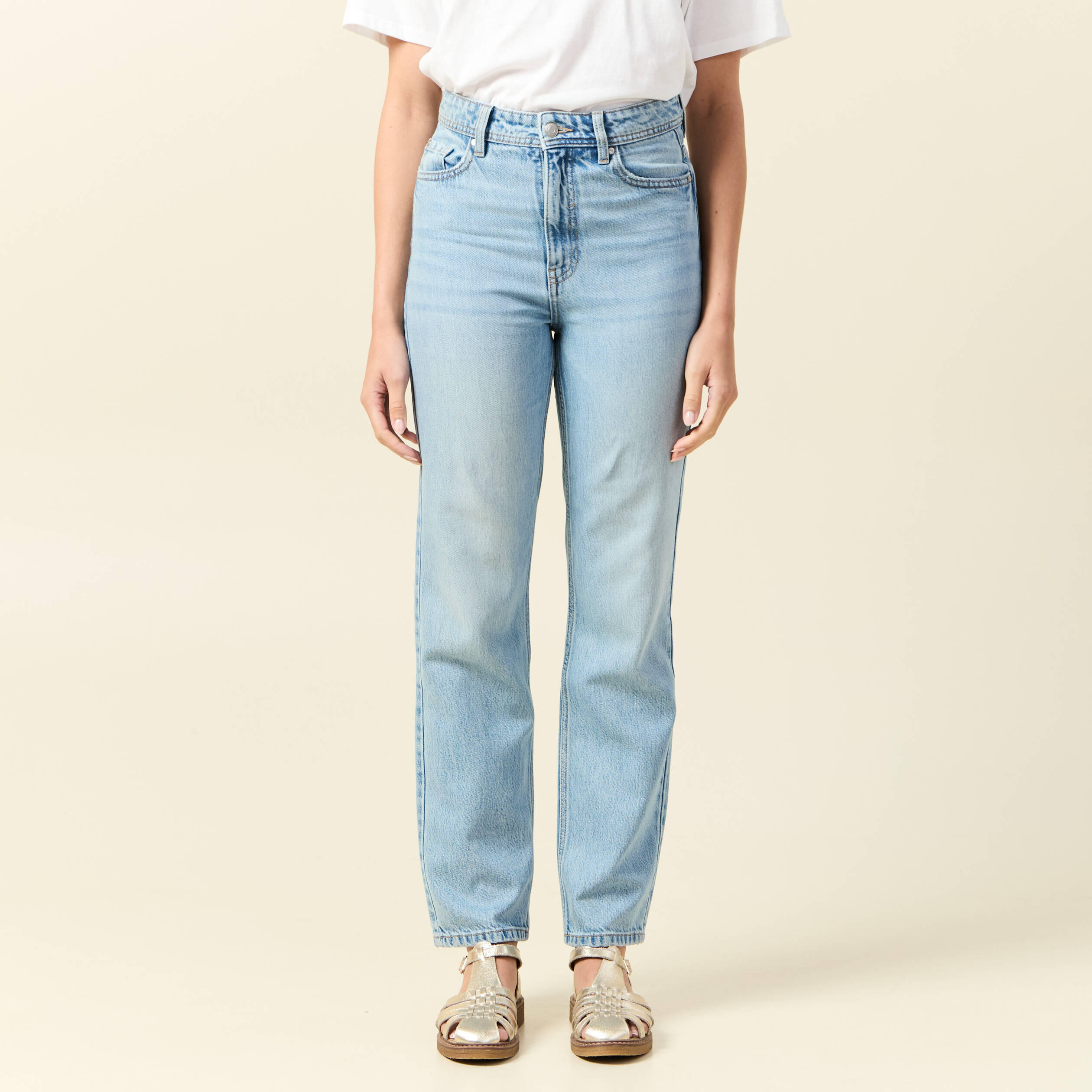 Jeans straight taille haute 7/8&egrave;me denim baby bleu femme