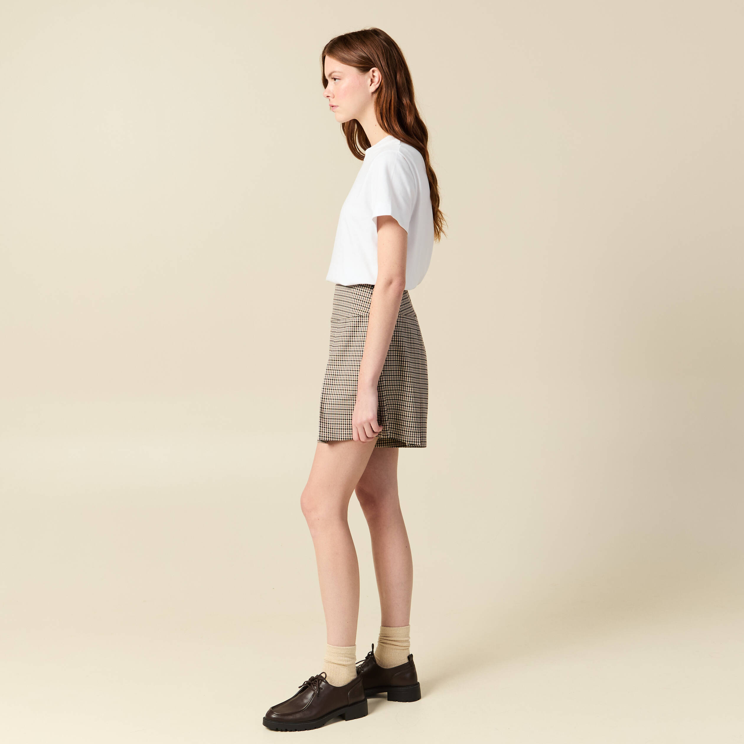 Short pliss&eacute; taille haute fluide marron femme