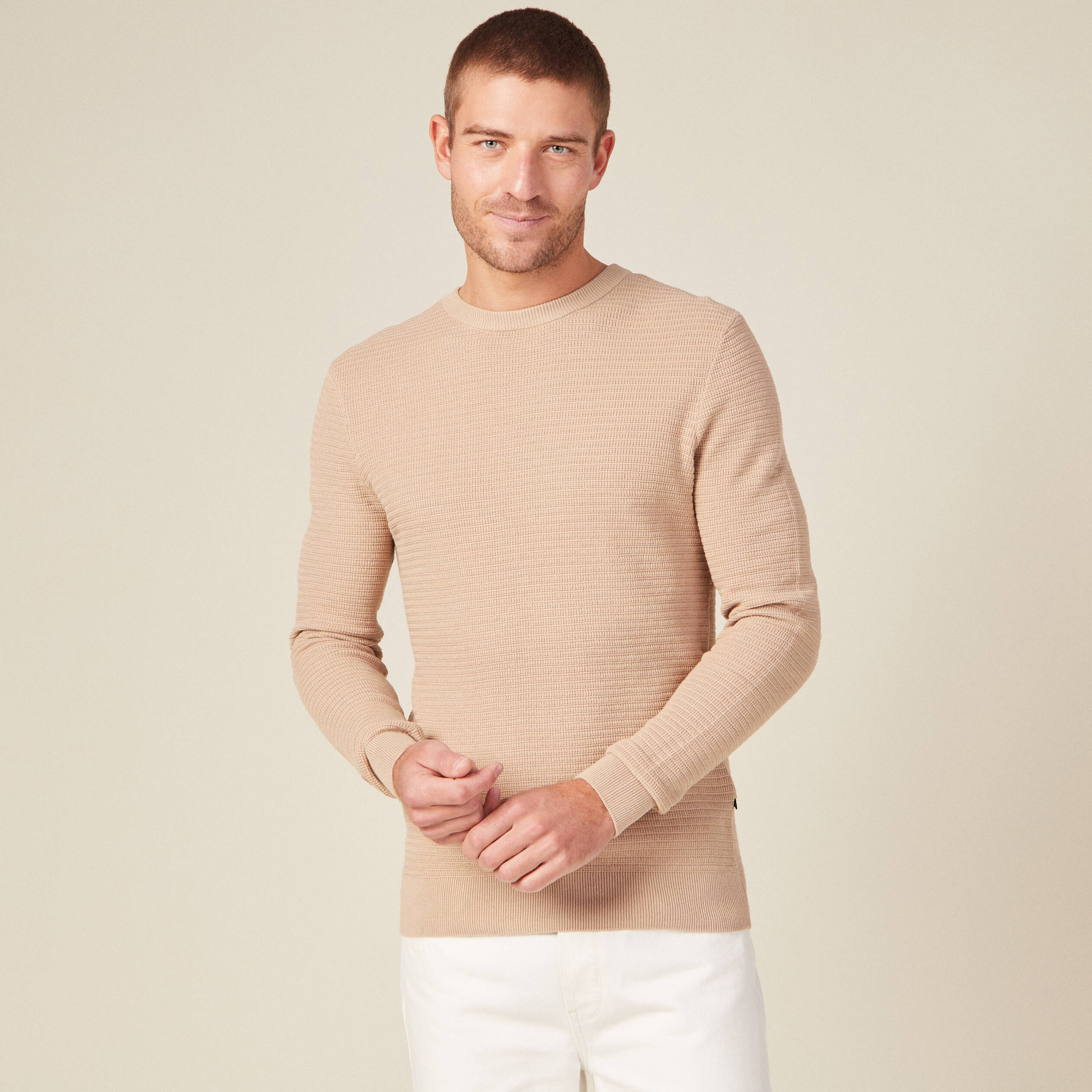 Pull manches longues col rond beige homme