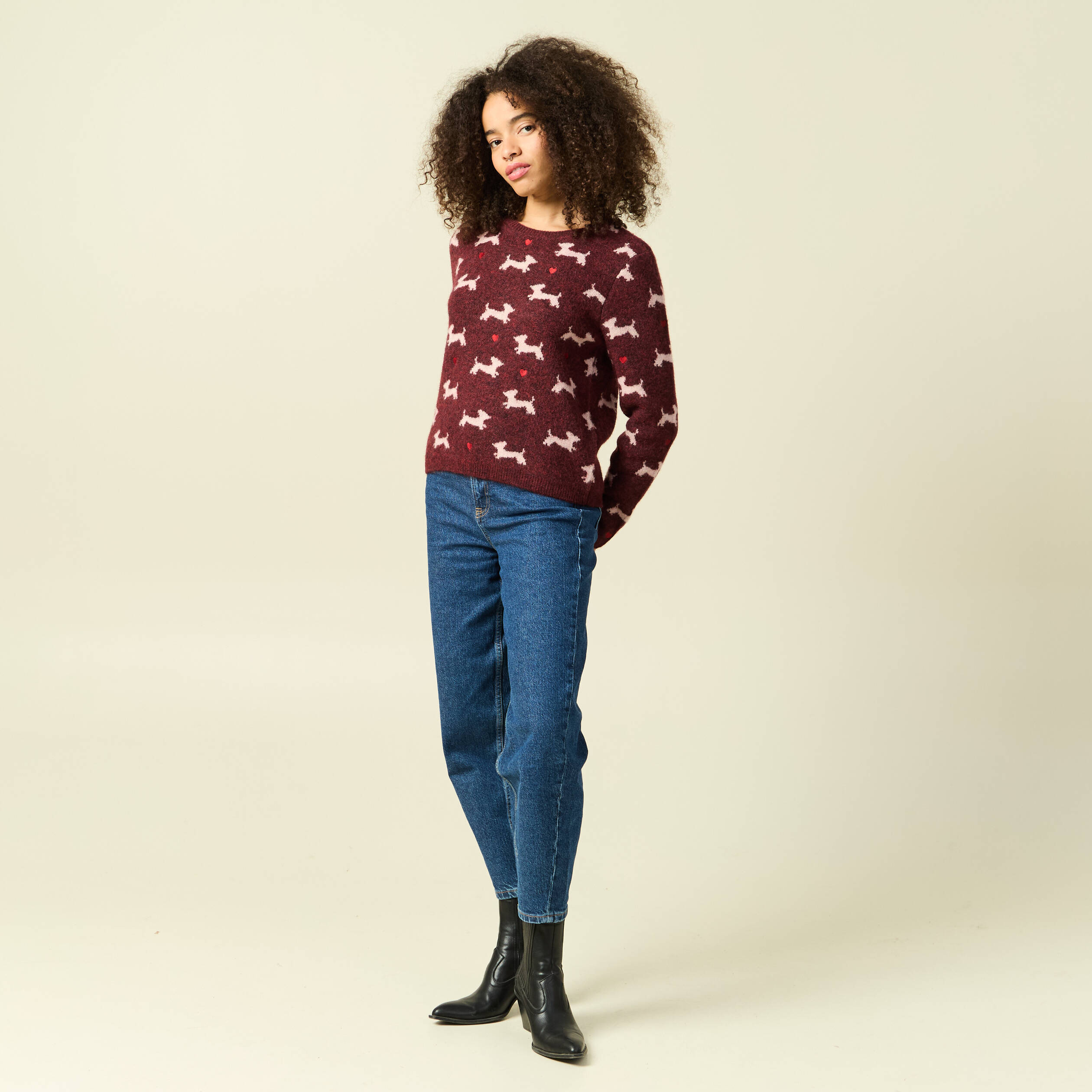 Pull de no&euml;l col rond manches longues prune femme