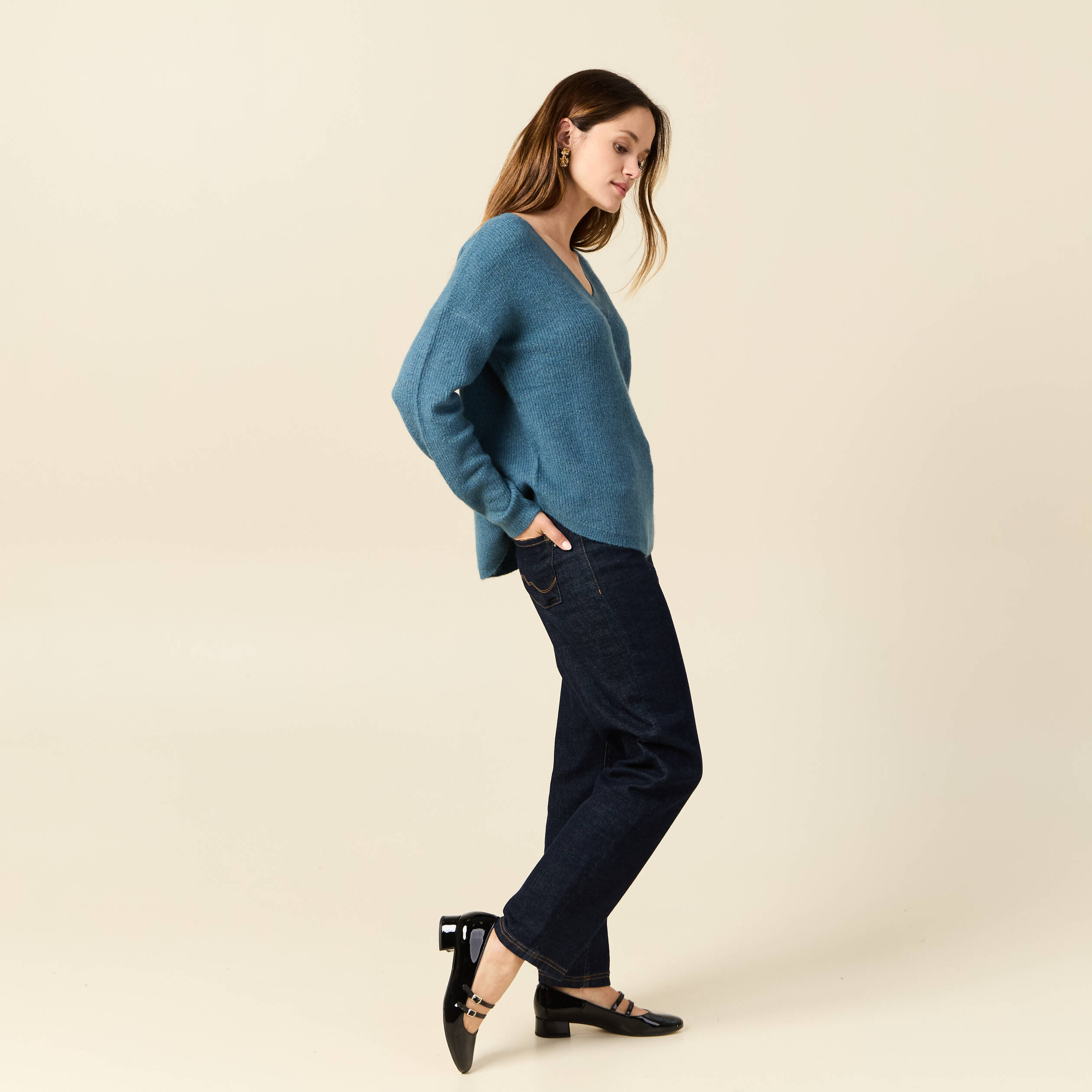 pull manches longues col en v bleu gris femme Pull manches longues col en V bleu gris femme