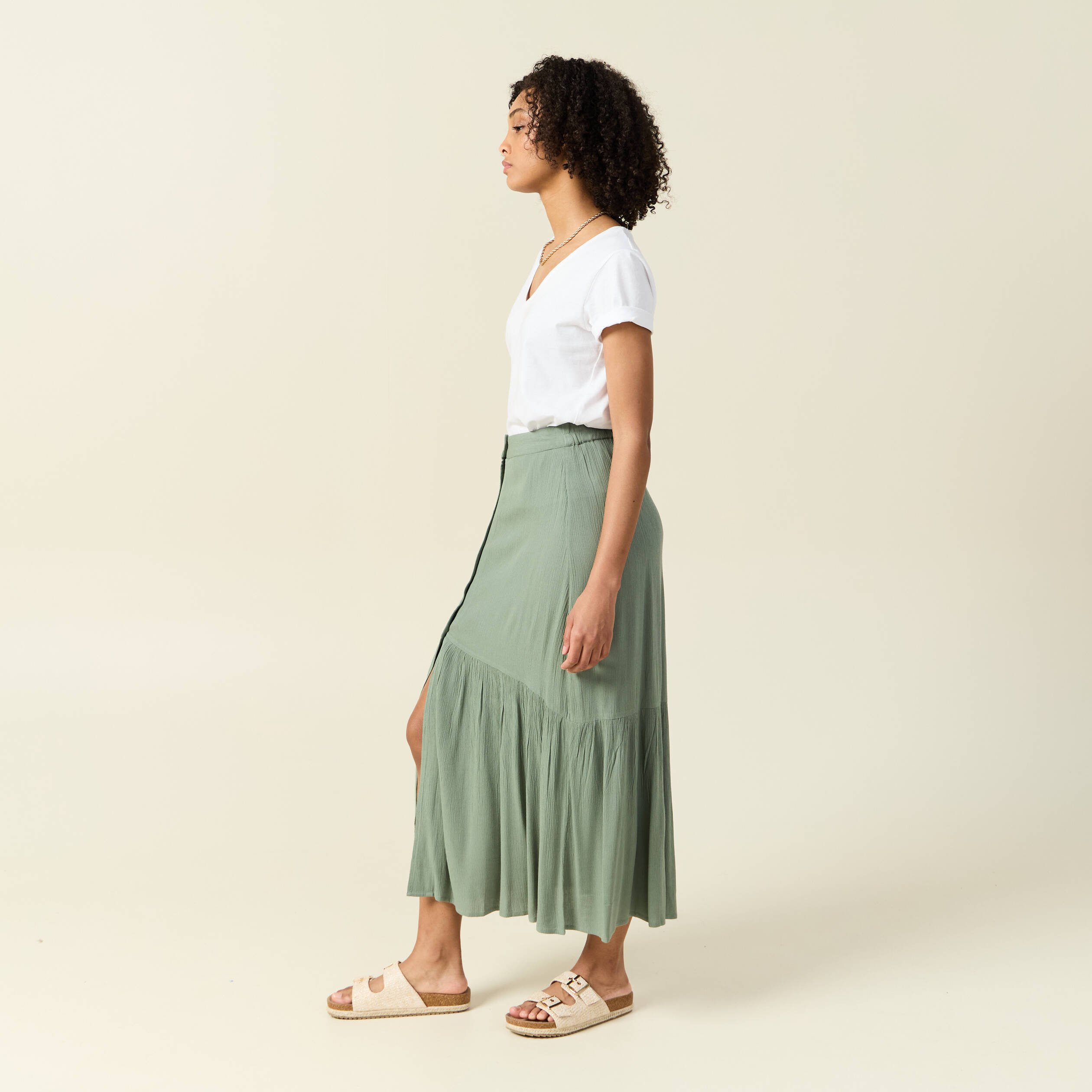 jupe longue evasee vert kaki femme Jupe longue évasée vert kaki femme