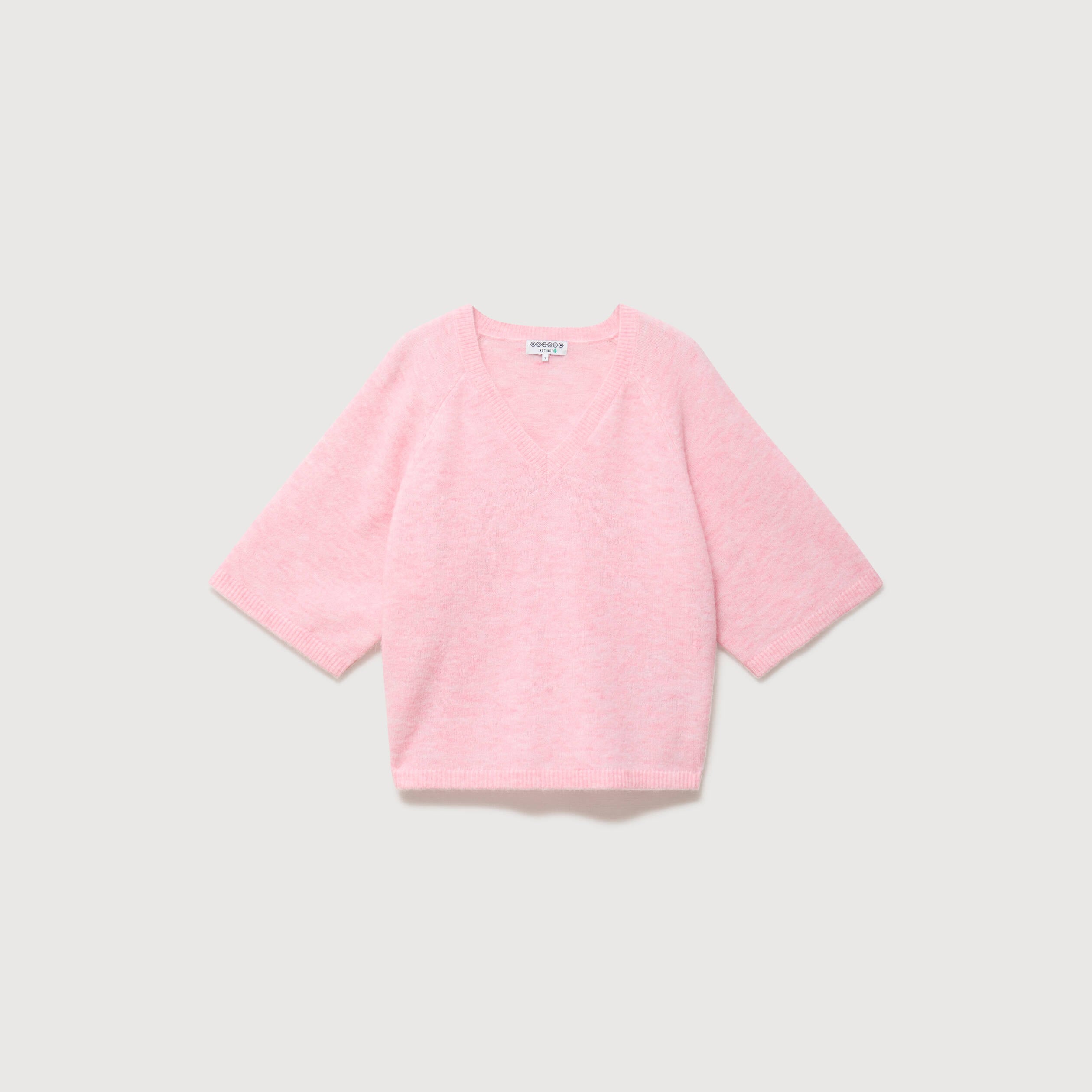 Pull droit court col v manches courtes rose clair femme
