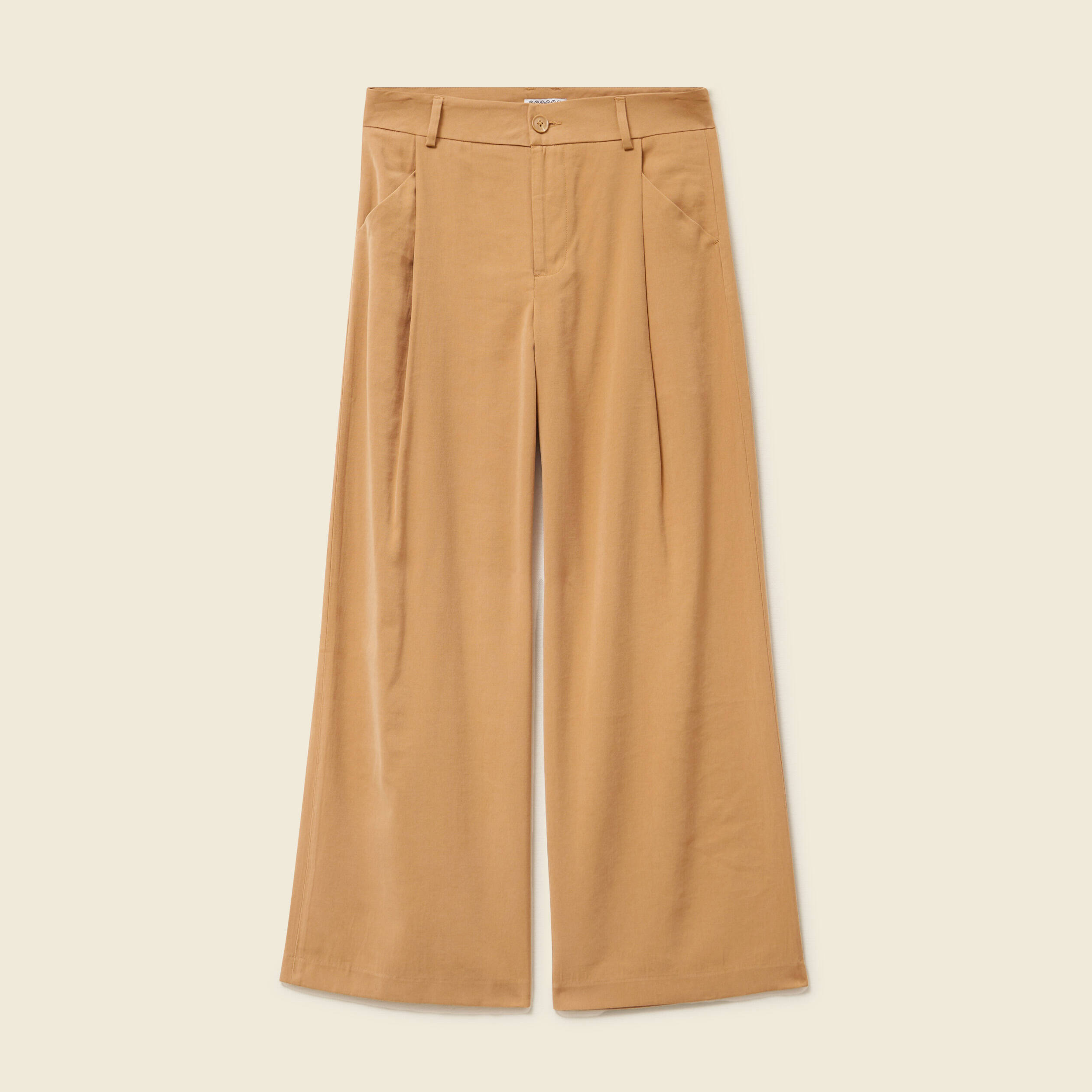 Pantalon large taille haute marron clair femme
