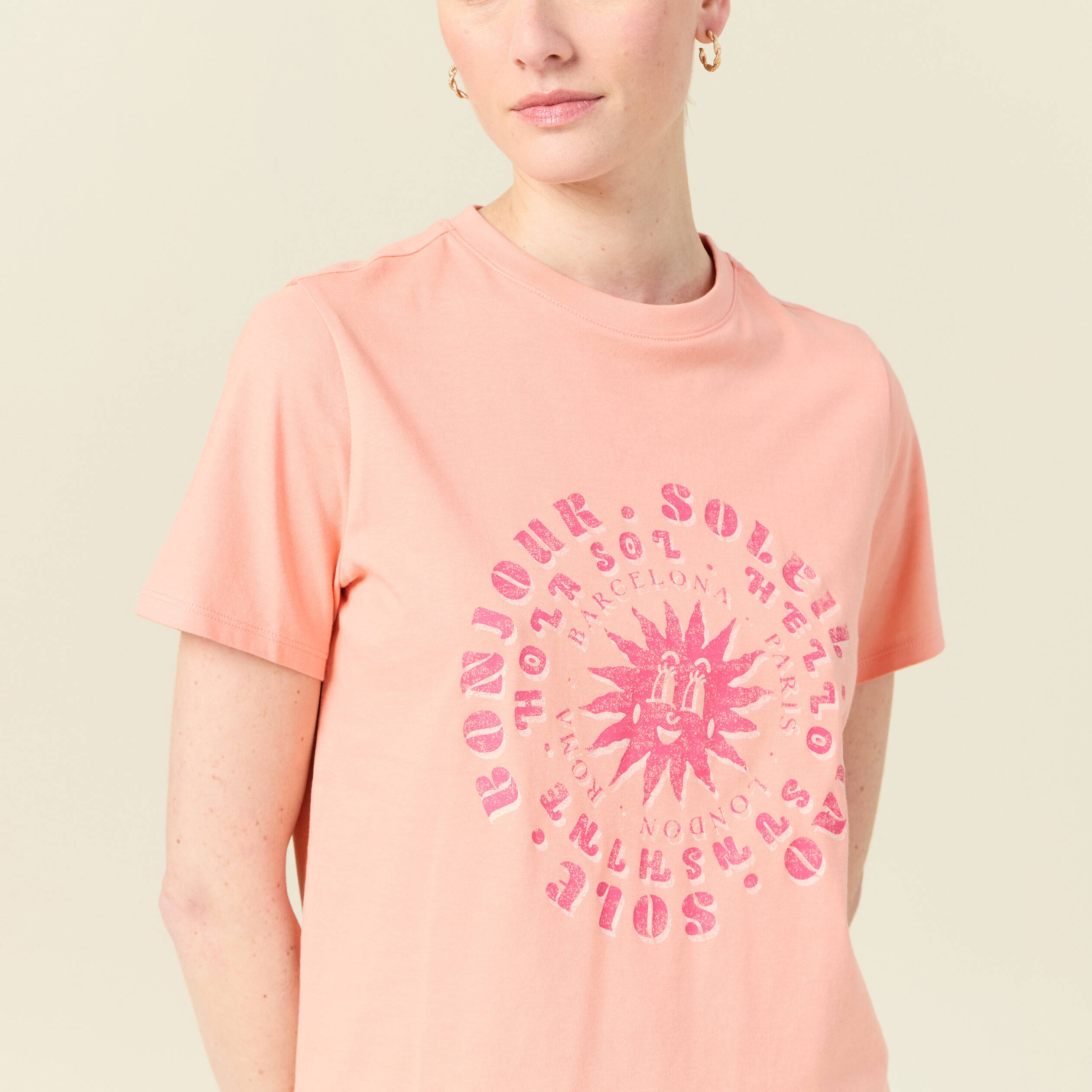 T-shirt en coton manches courtes rose corail femme