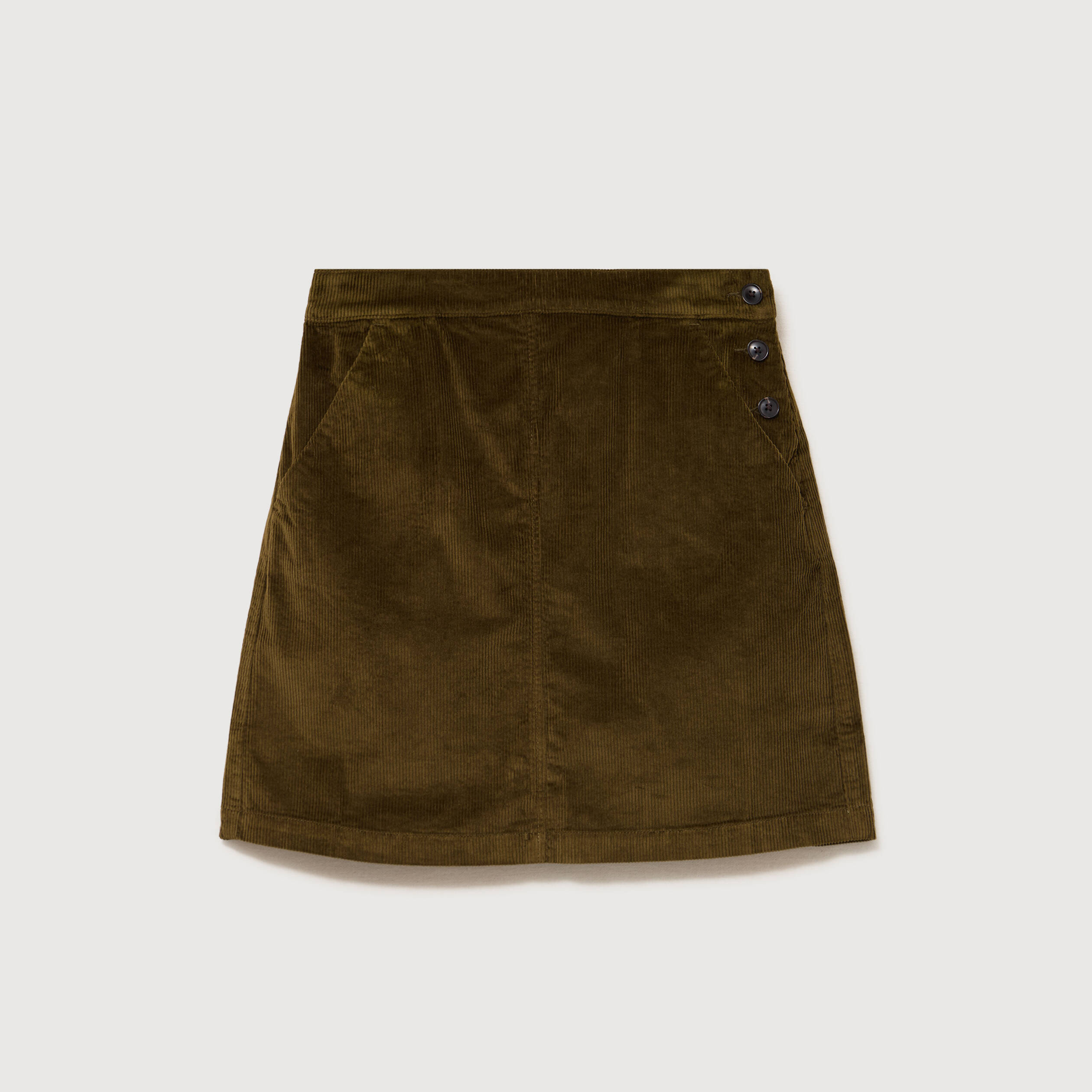 Jupe droite courte en velours vert olive femme