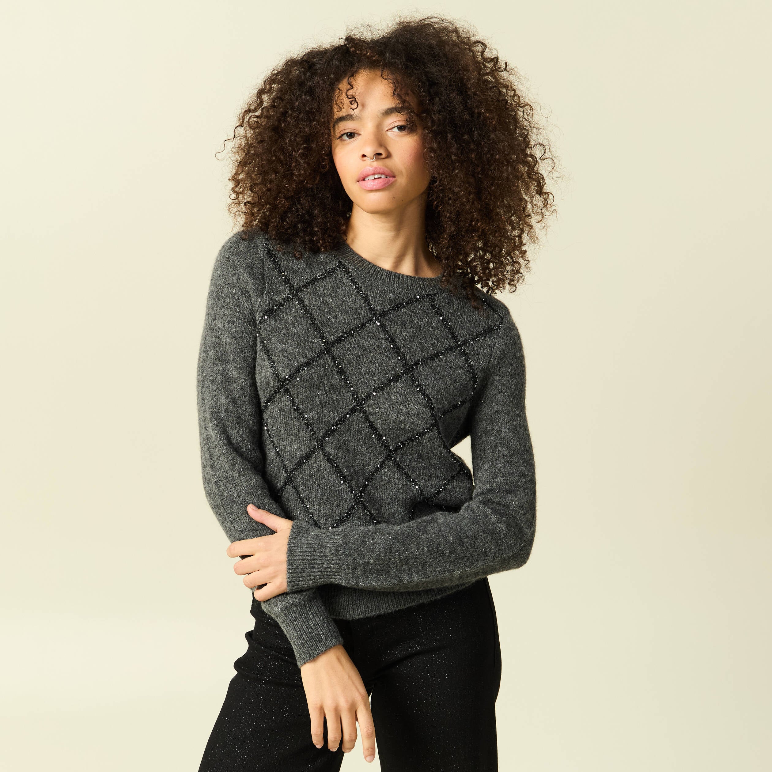 Pull manches longues &agrave; sequins gris fonc&eacute; femme