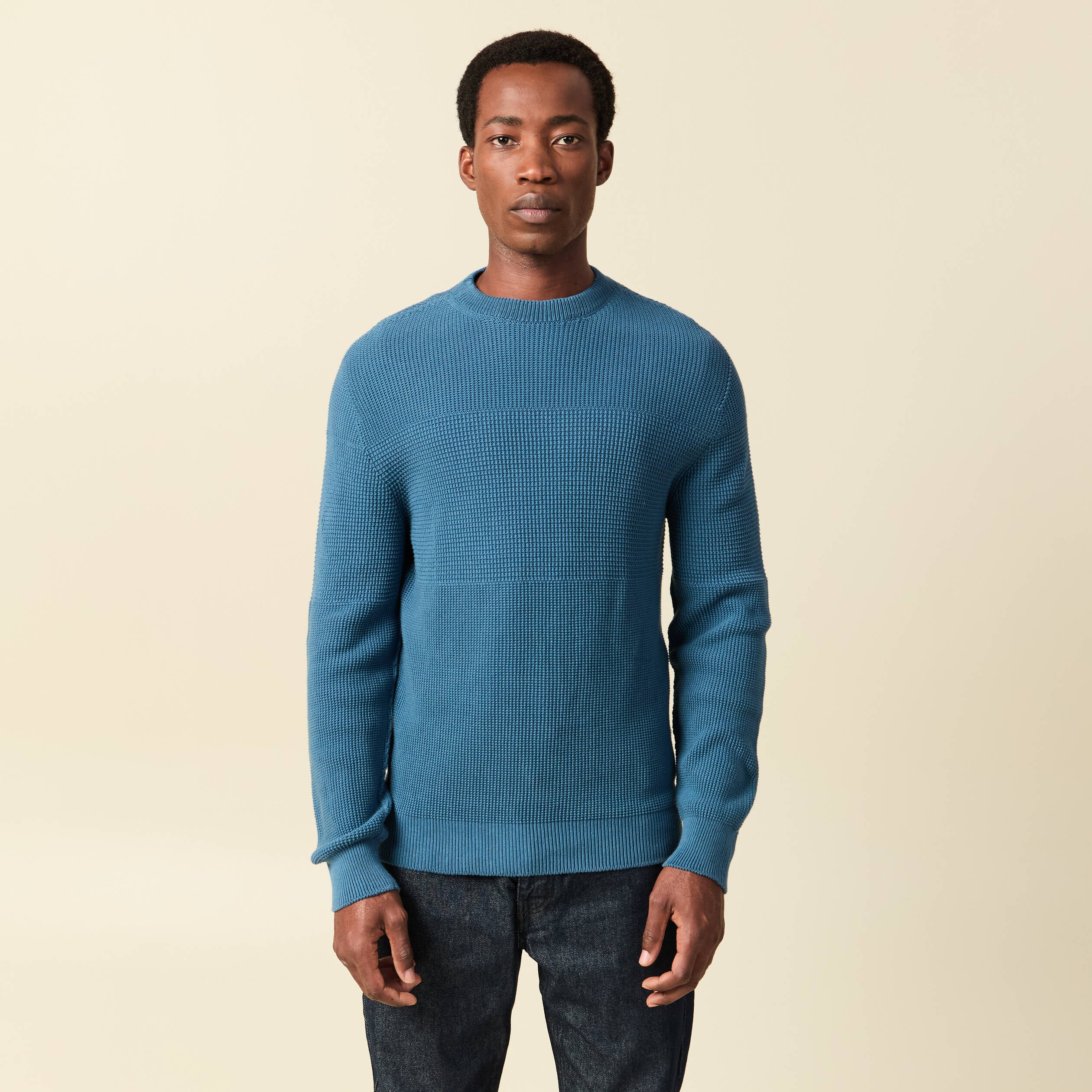 Pull col rond manches longues en coton bleu gris homme