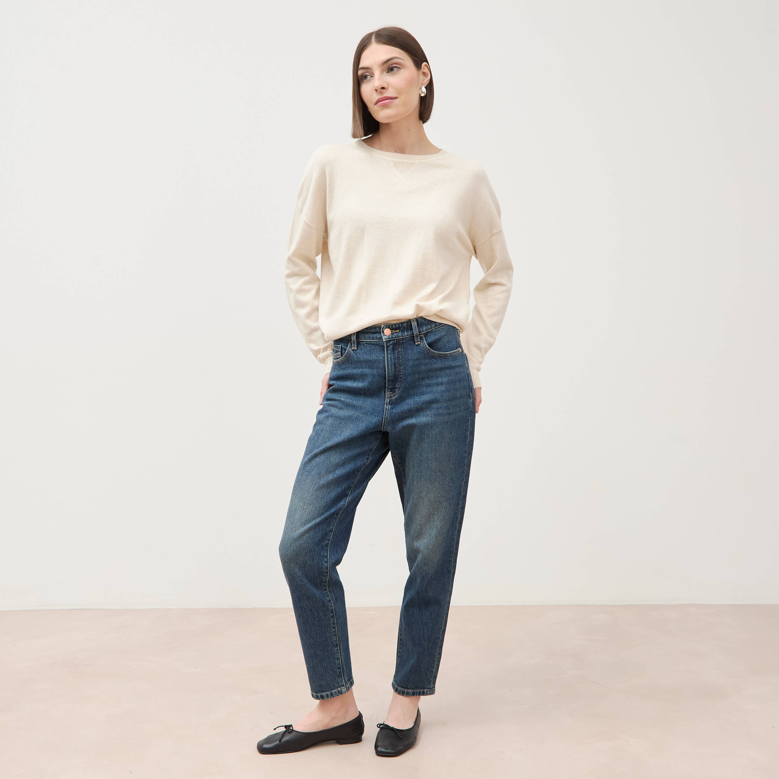 Pull oversize col rond manches longues creme femme