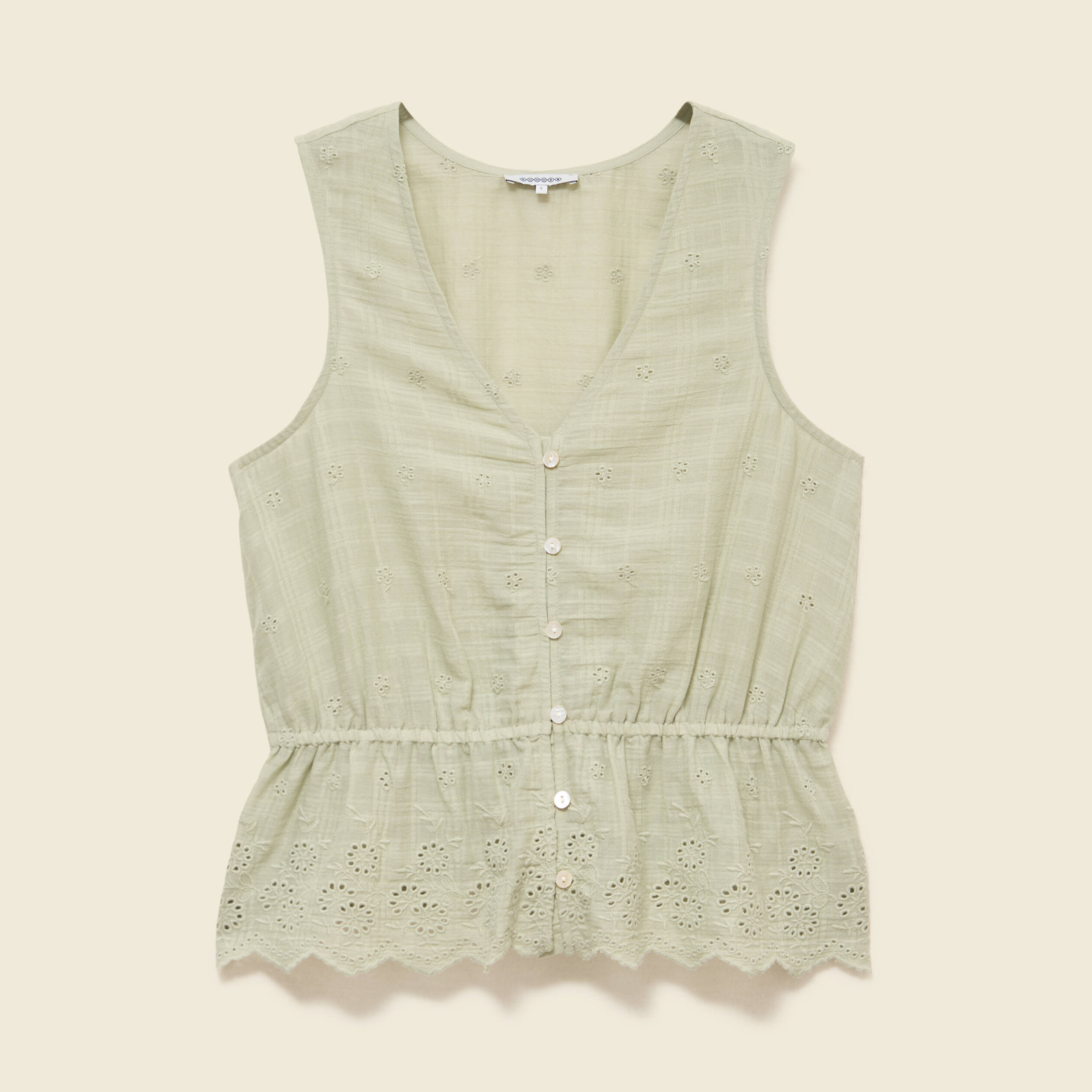 Top col v sans manches en coton vert kaki femme