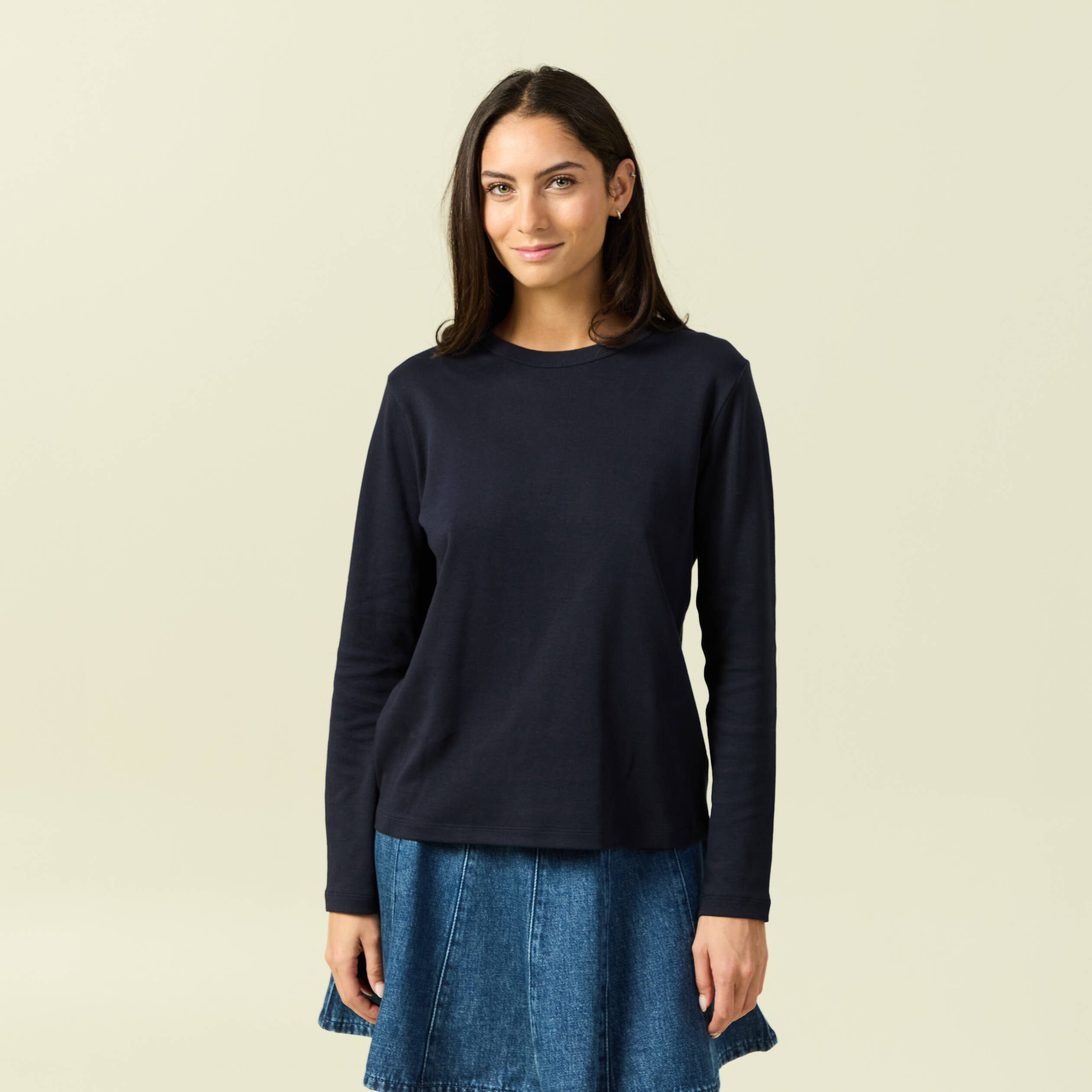 T-shirt en coton manches longues bleu marine femme