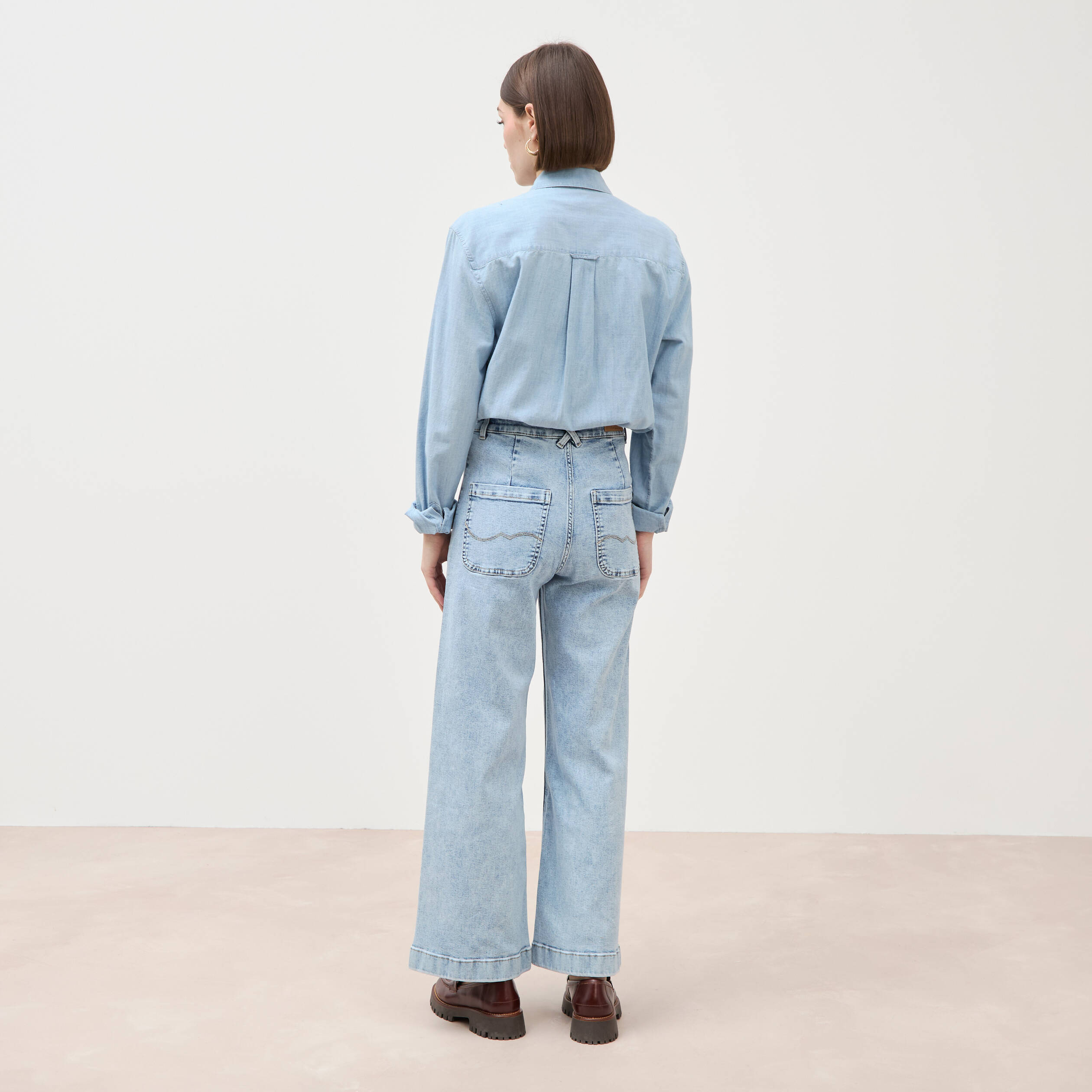 Jeans large taille haute denim bleach femme