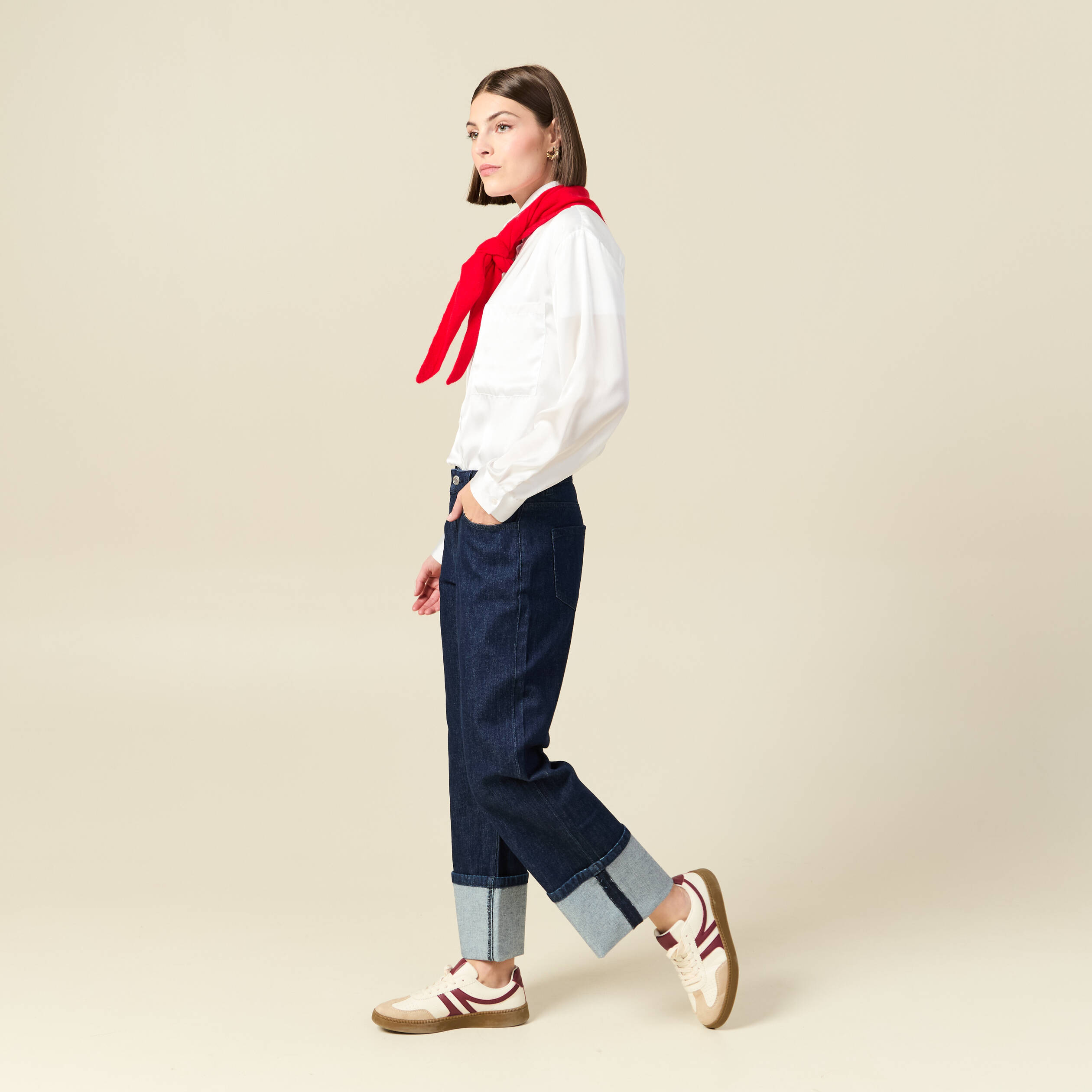 Jeans large taille haute 3/4 denim brut rinse femme