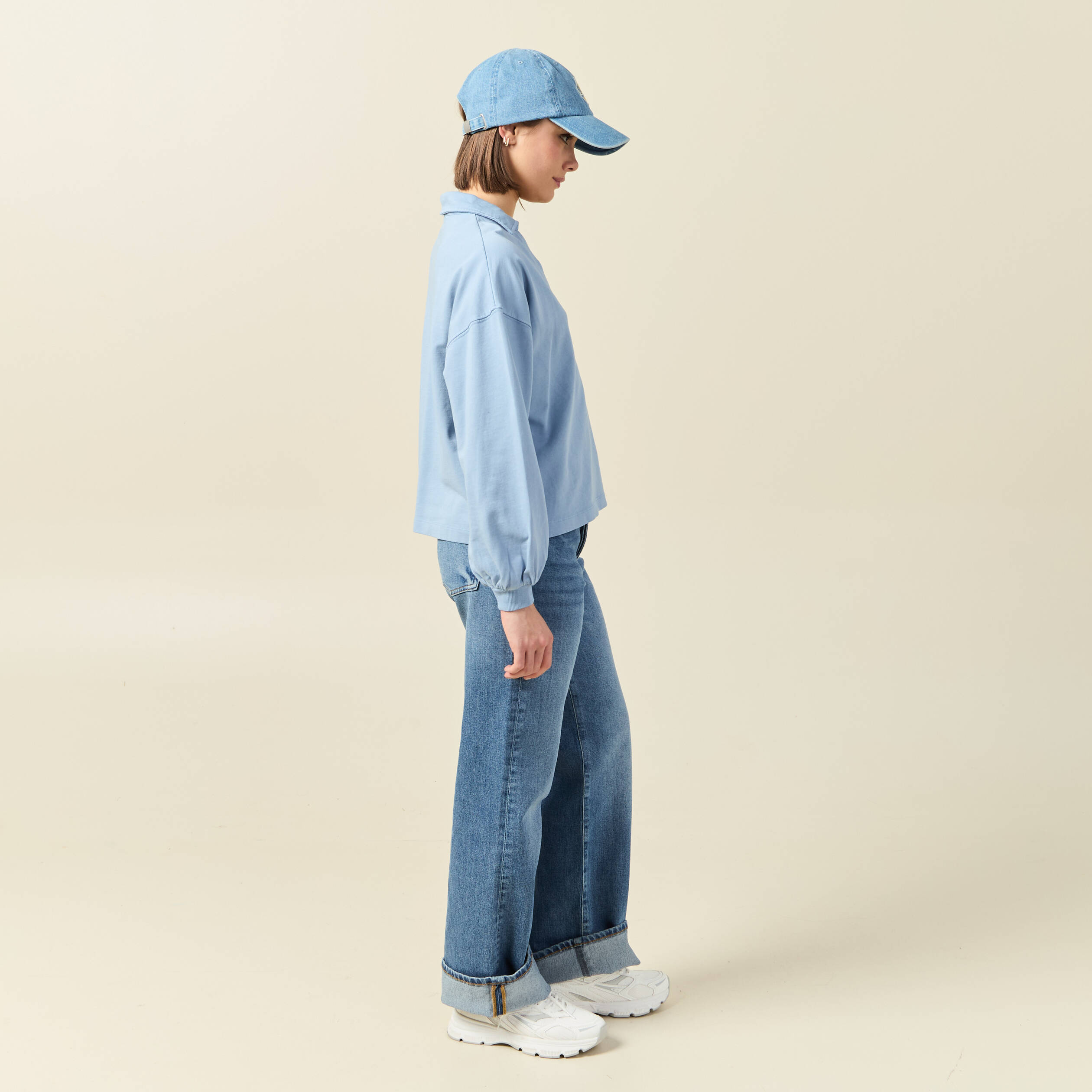 sweat manches longues col polo bleu clair femme Sweat manches longues col polo bleu clair femme