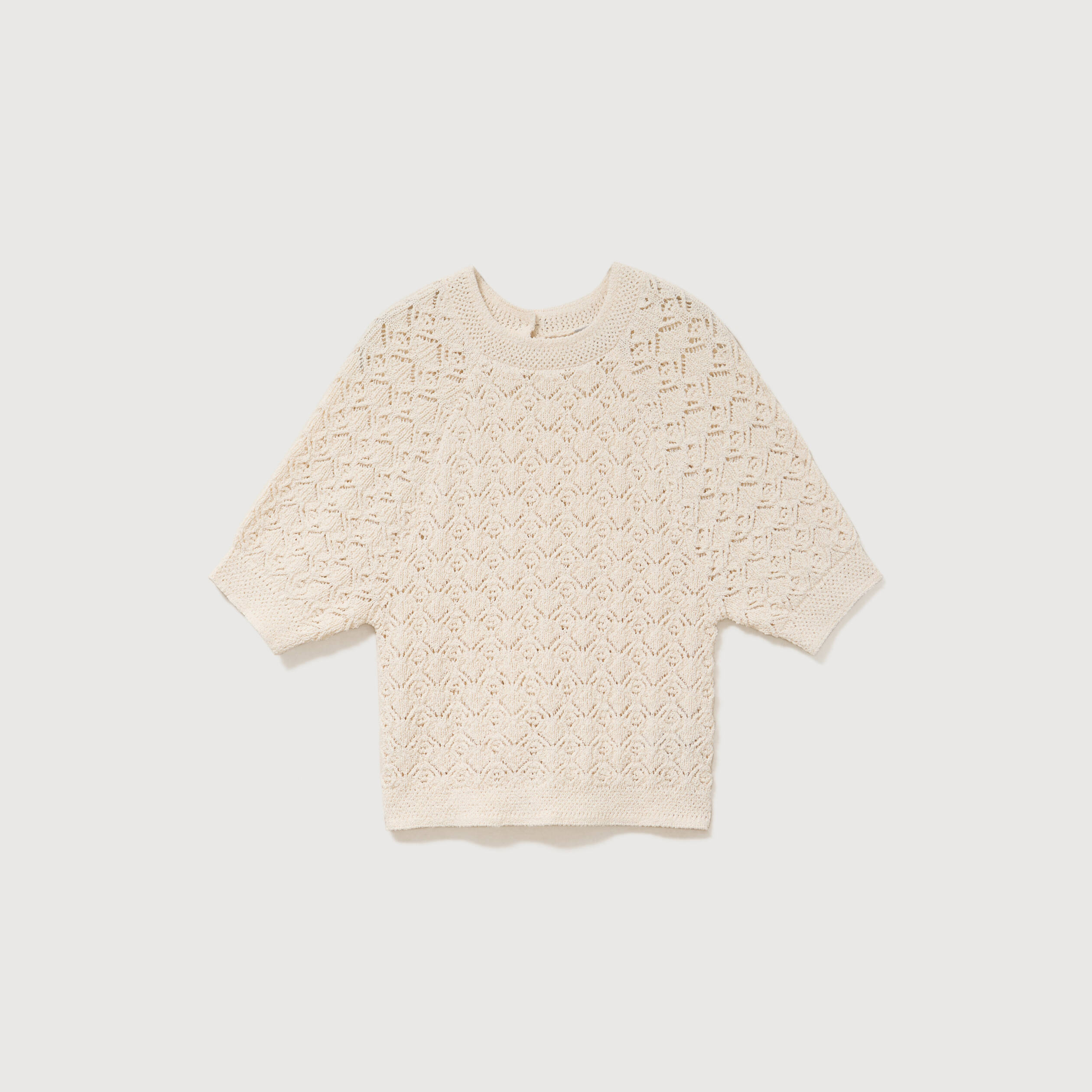 Pull droit court ajour&eacute; manches courtes camel femme