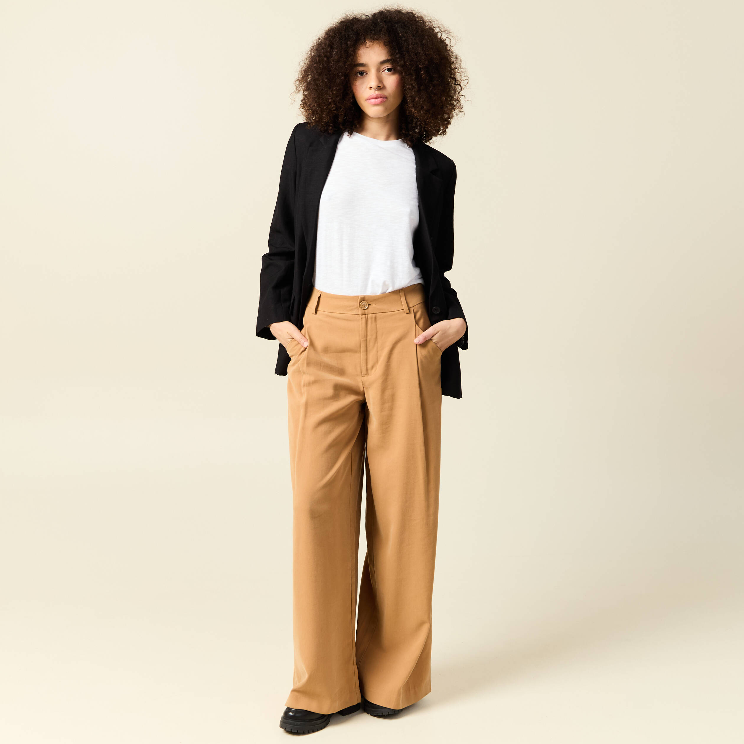 Pantalon large taille haute marron clair femme Bonobo