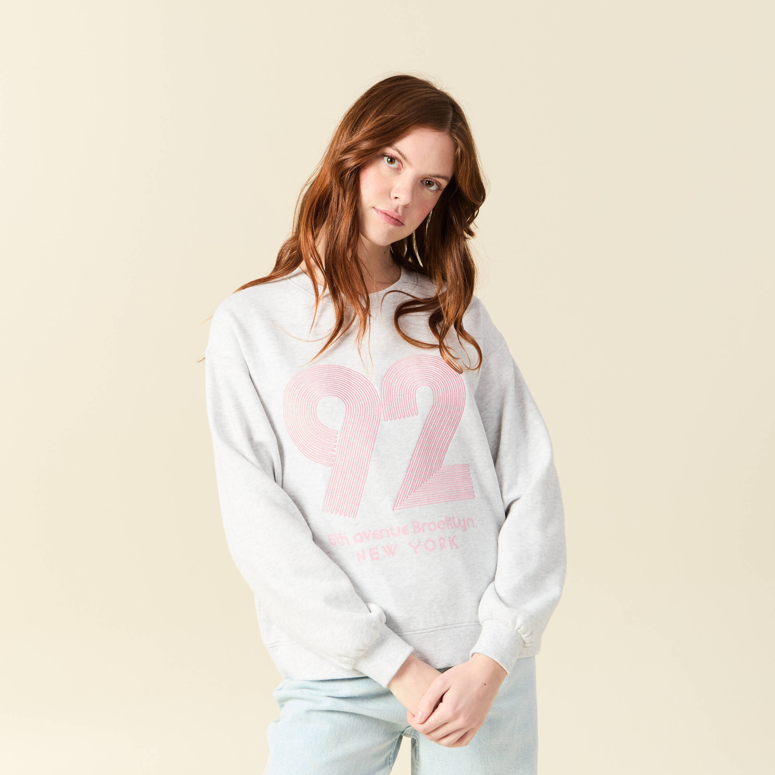 Sweat droit court manches longues gris femme