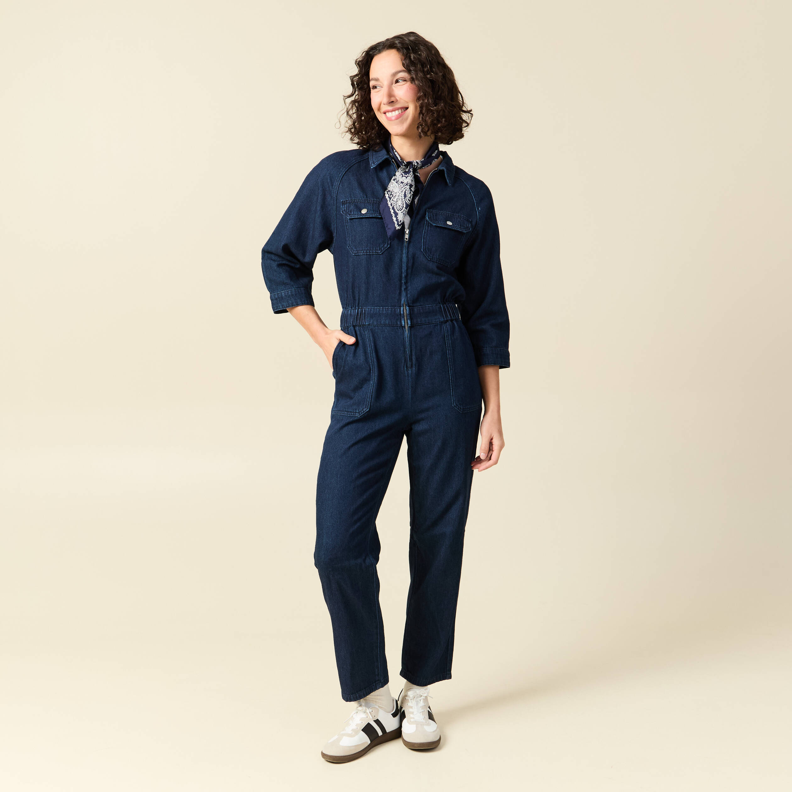 Combipantalon en coton aspect jeans denim brut rinse femme