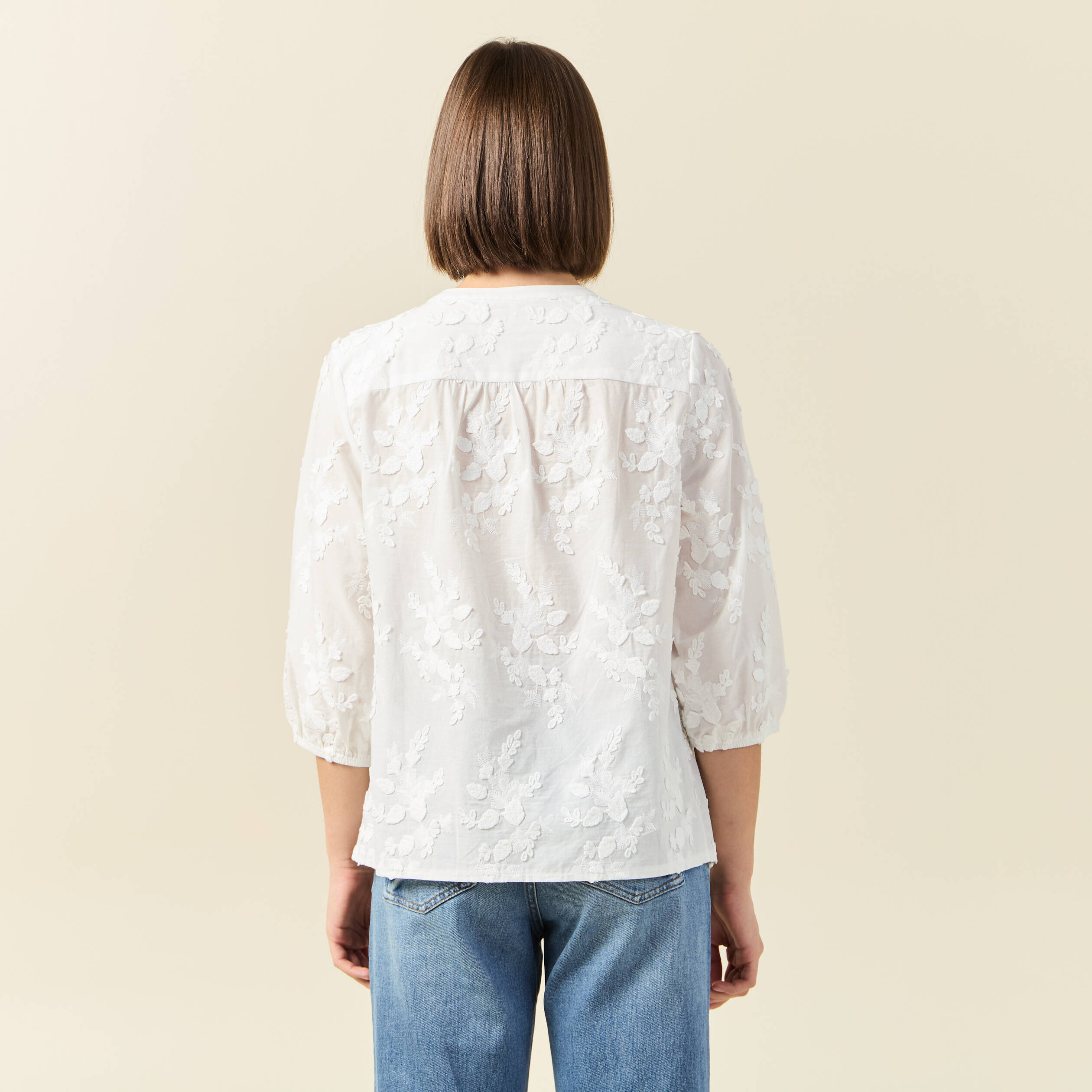 chemise manches 34 brodee ecru femme Chemise manches 3/4 brodée ecru femme